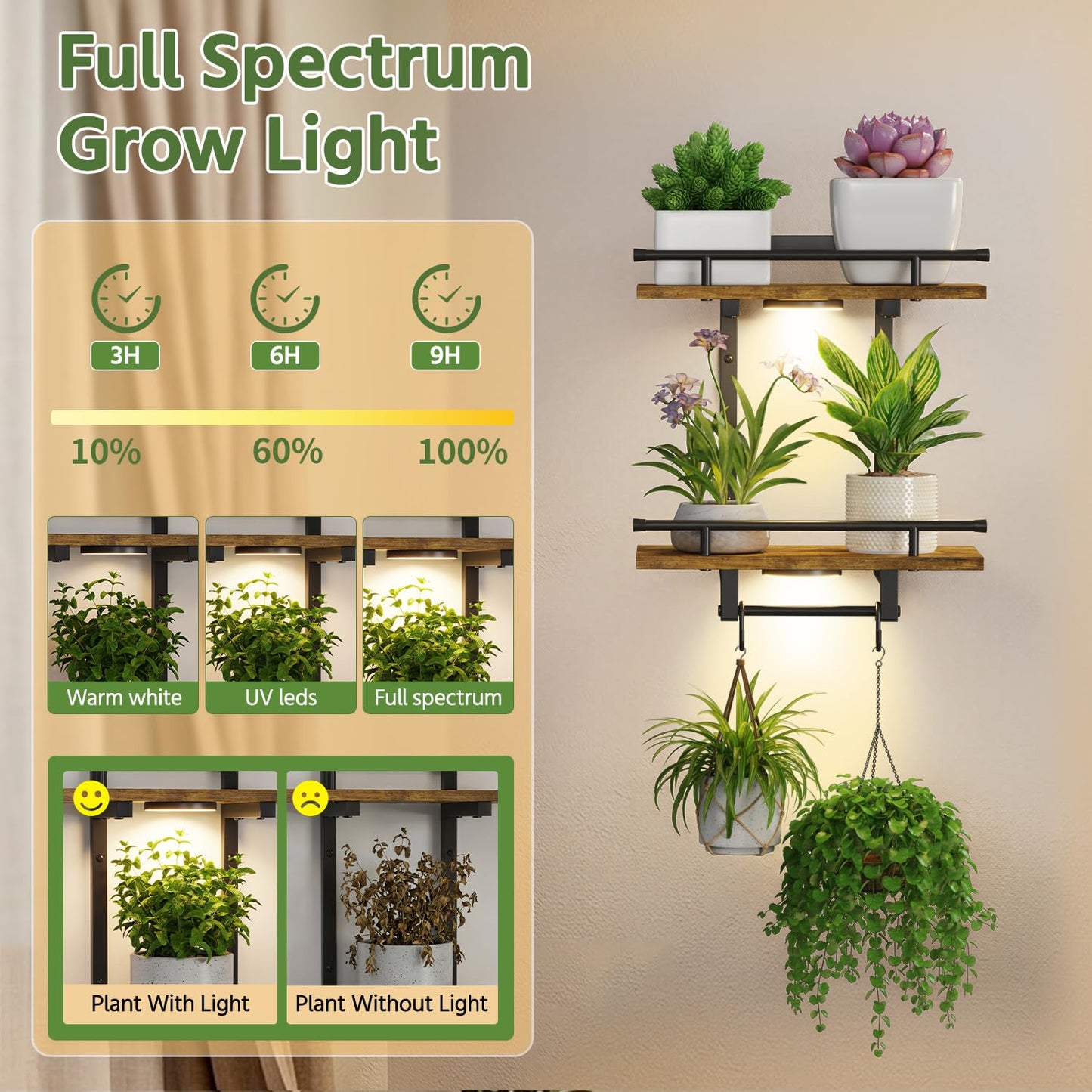 LASZOLA Floating Plant Shelves Holder Wall Mounted Indoor with Grow Lights, 2 Pack Plant Hangers Stand with 4 Hooks, Metal and Wood Flower Hanging Display for Living Room Kitchen Bathroom Decor, Brown