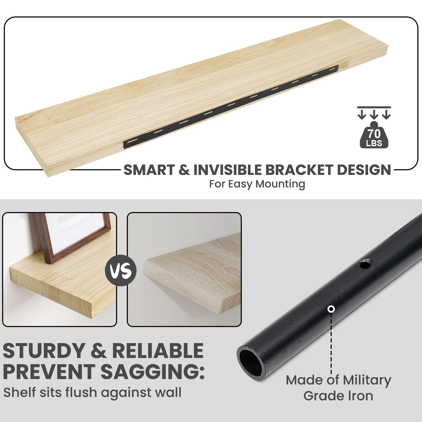 Solid Wood Floating Shelves For Wall, 48”W x 9”D x 1.56”H Large Wall Shelves for Living Room Bedroom Bathroom Kitchen Drcor Storage with Invisible Heavy-Duty Metal Bracket, Natural, Set of 1