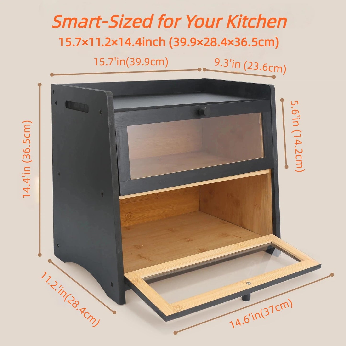 RisUni Double Layer Bamboo Bread Box for Countertop - Large Black Kitchen Storage (15.7x11.2x14.4 Inch) with Clear Window & Breathable Magnetic Closure