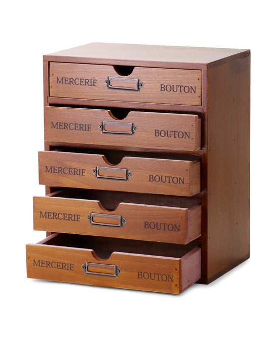 QWORK Vintage Wooden Home Office Desk Organizer with 5 Drawers - Rustic Desktop Storage Box for Jewelry, Cosmetics, Craft Paper & More