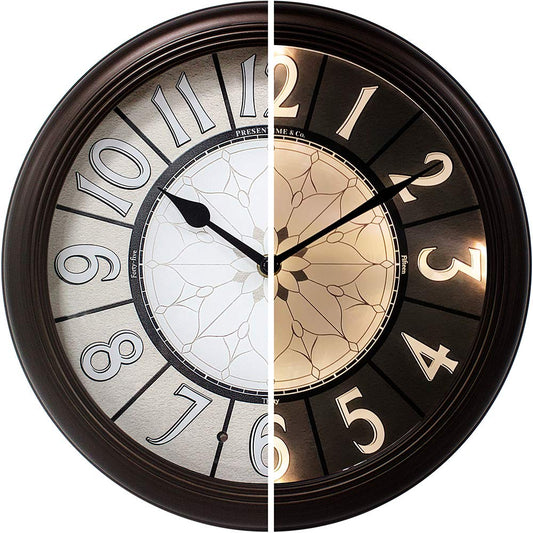 Presentime & Co. 12.6" Illuminated Farmhouse Wall Clock, Silent Battery Operated Night Light Wall Clock with Smart LED Sensor for Living Room, Bathroom, Kitchen, Home Office, Oil Rubbed Bronze Finish