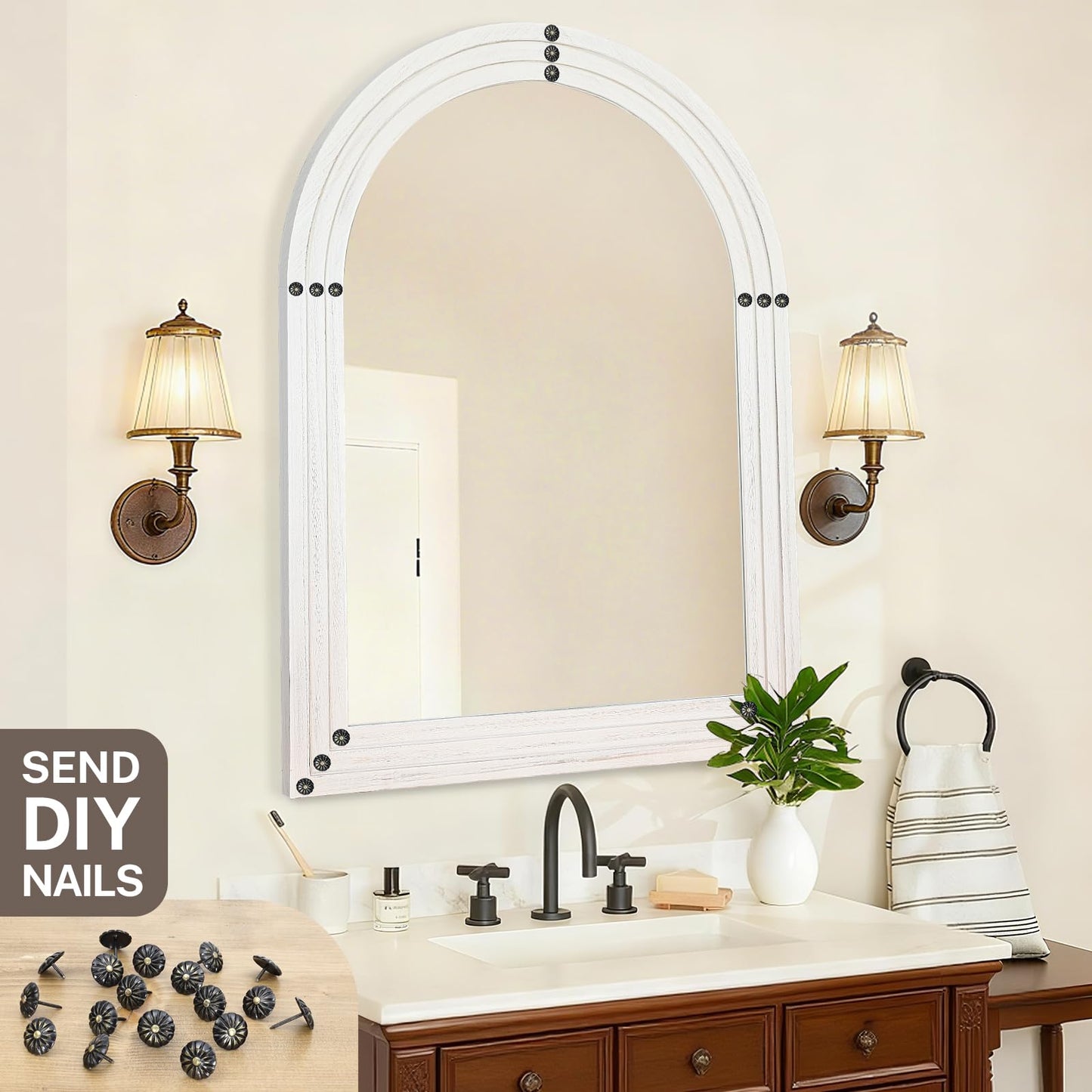 LXWZHK 40"x30" Arched Wooden Frame Wall Mirror, Rustic Vanity Wall Mirror for Bathroom, Bedroom, Rustic White