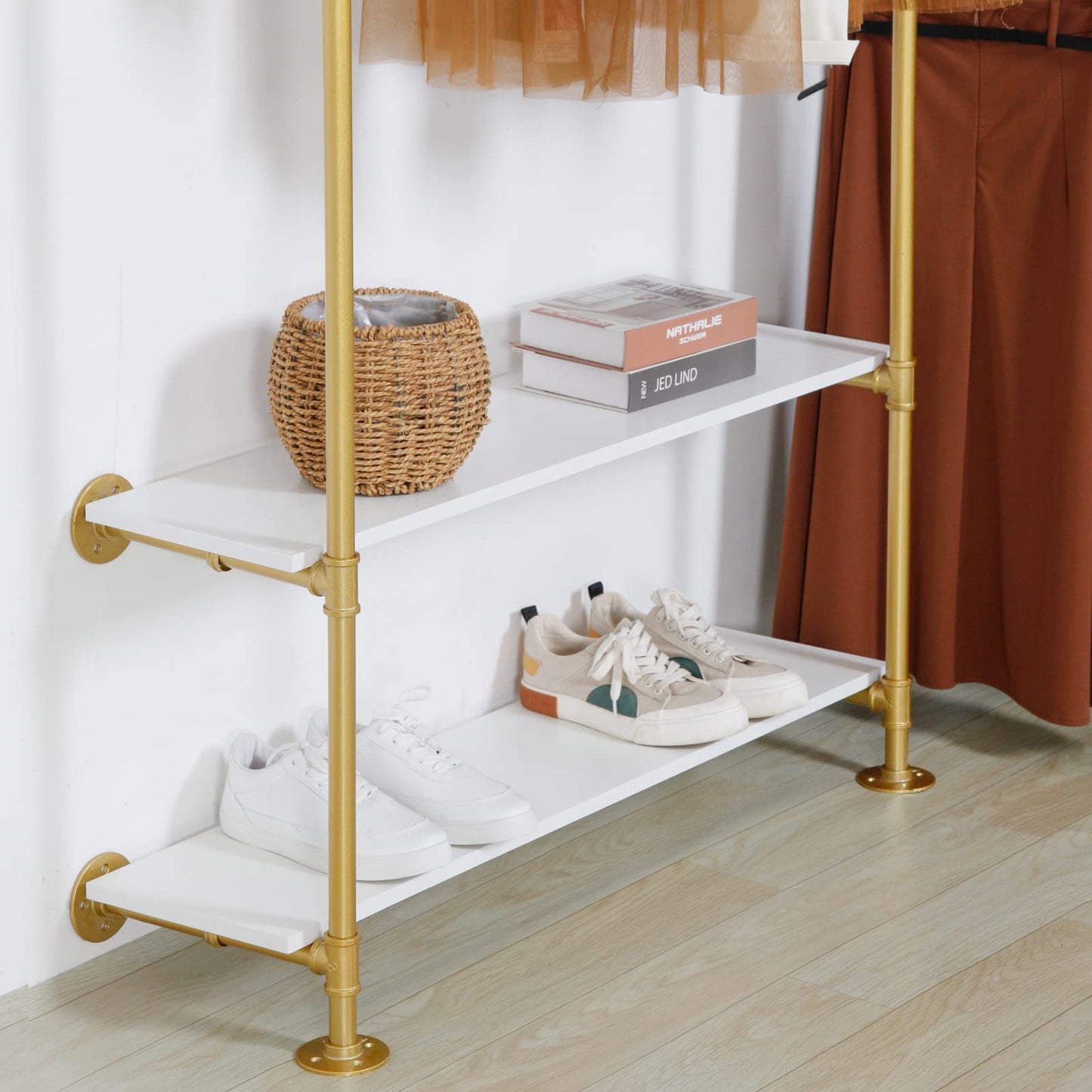 EDCB Heavy Duty Industrial Clothing Rack - 3-Tier Wall Mounted Garment Rack with Wood Shelves, Golden Pipe Closet Storage Organizer for Retail Stores & Bedroom (92.1X76.8inch)