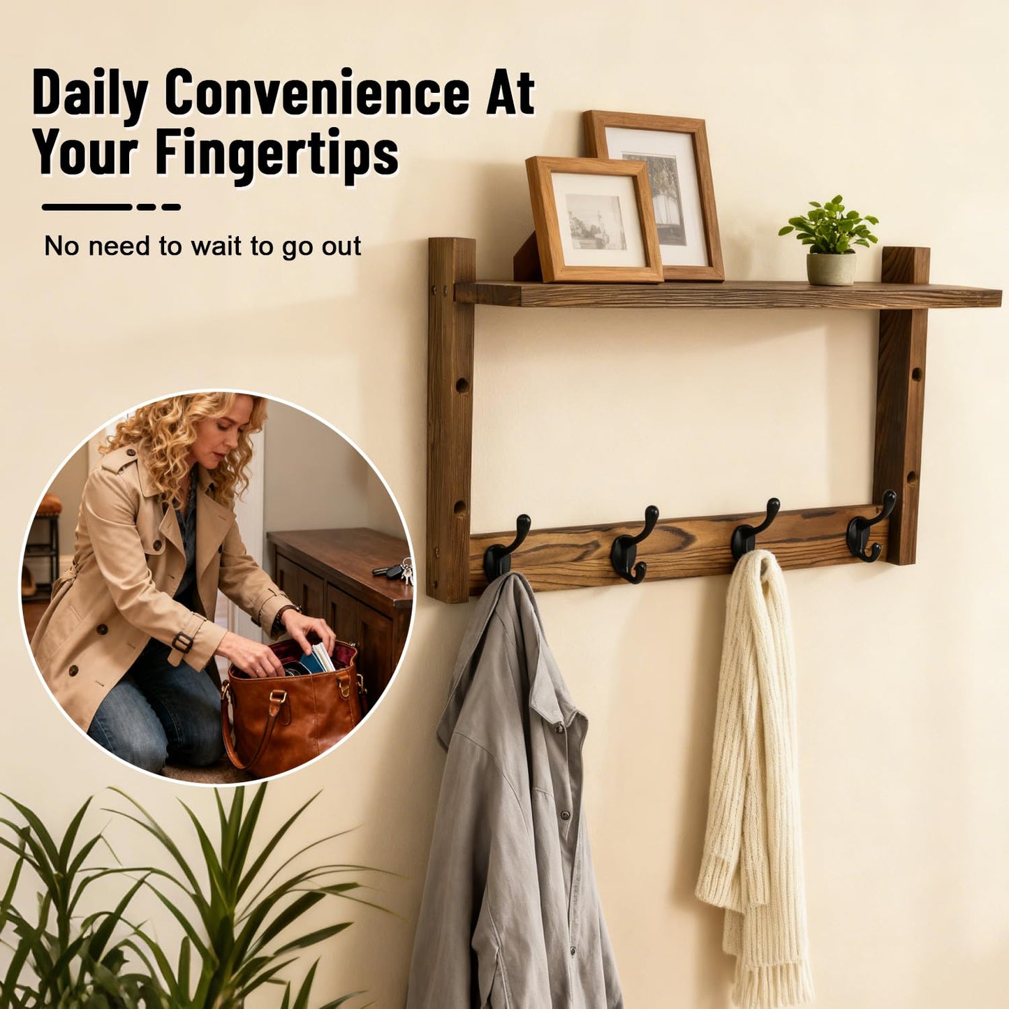 Dellicasi 28" Coat Rack Wall Mount with Shelf, Entryway Key Holder Wall Mount Wood Wall Coat Hooks with 7 Hooks 3 Key Hanger, Wall Mounted Coat Rack Mail Holder for Living Room, Bedroom