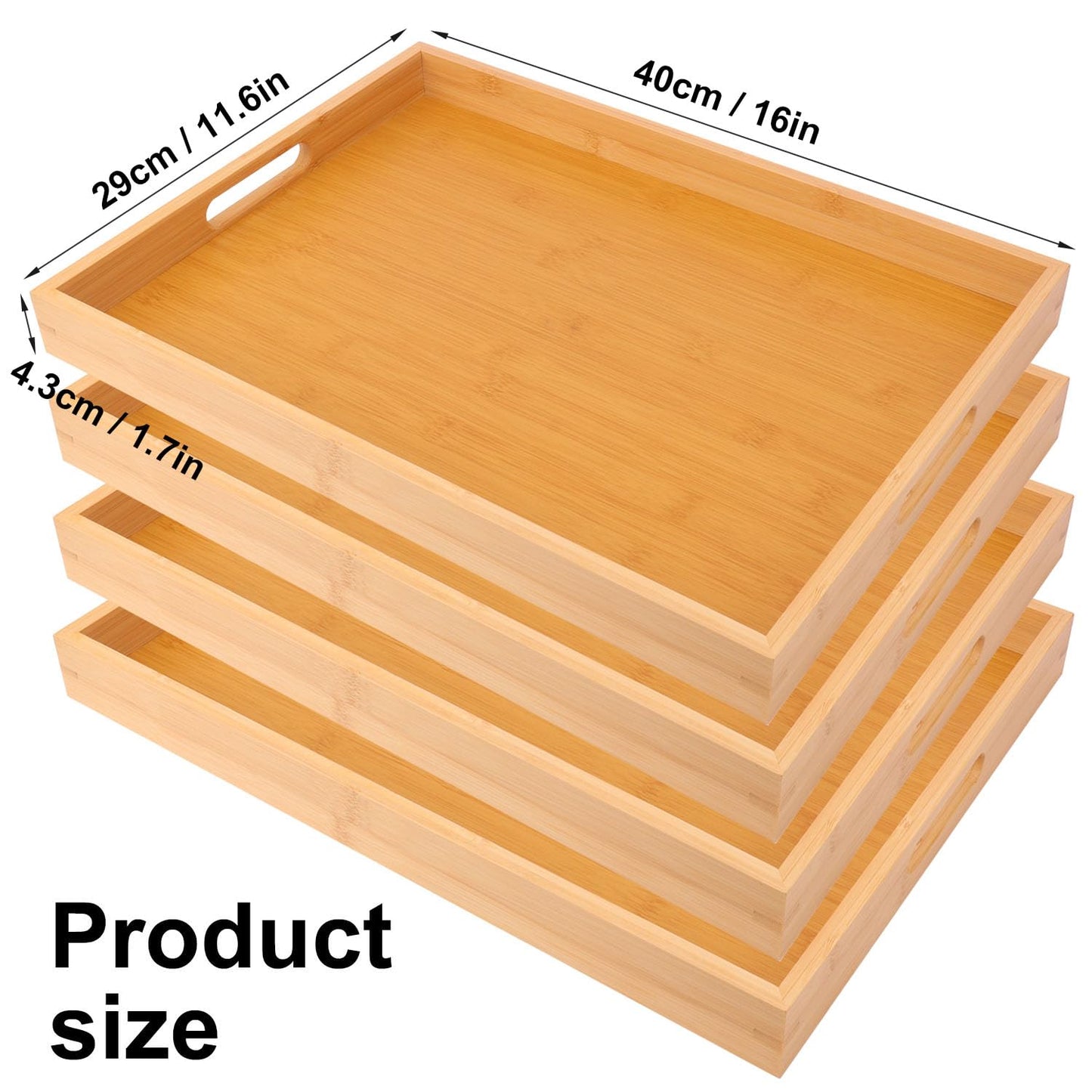 Geytetqi 4 Pack Large Bamboo Serving Tray with Handles - 16 x 11.6 Inch Wooden Dinner Tray, Home Kitchen Decorative Tray, Breakfast Trays for Eating on Couch, Lap Trays, Coffee, Kitchen, Picnic