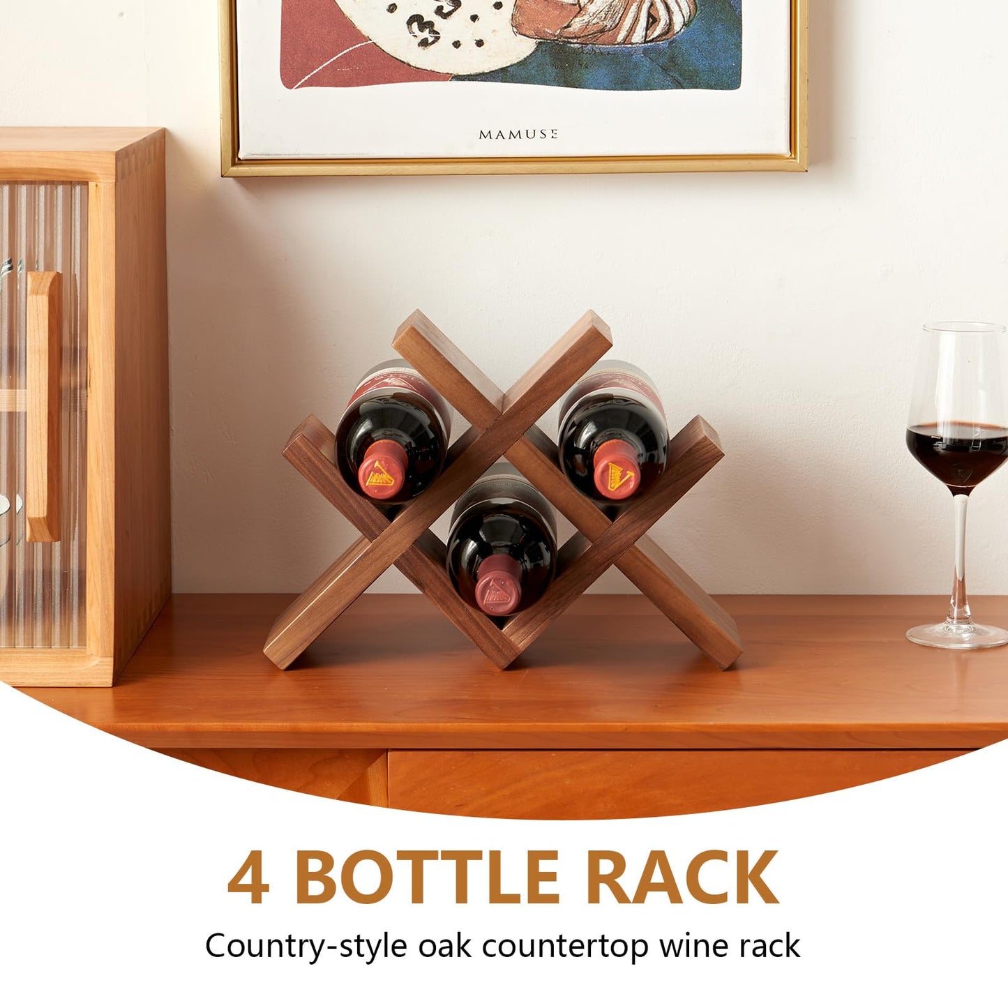 Rsuwiz Solid Oak Wine Rack Countertop, 4 Bottle Tabletop Wine Holder - No Assembly Free Standing Wood Display for Kitchen, Bar, Office, Living Room | Walnut