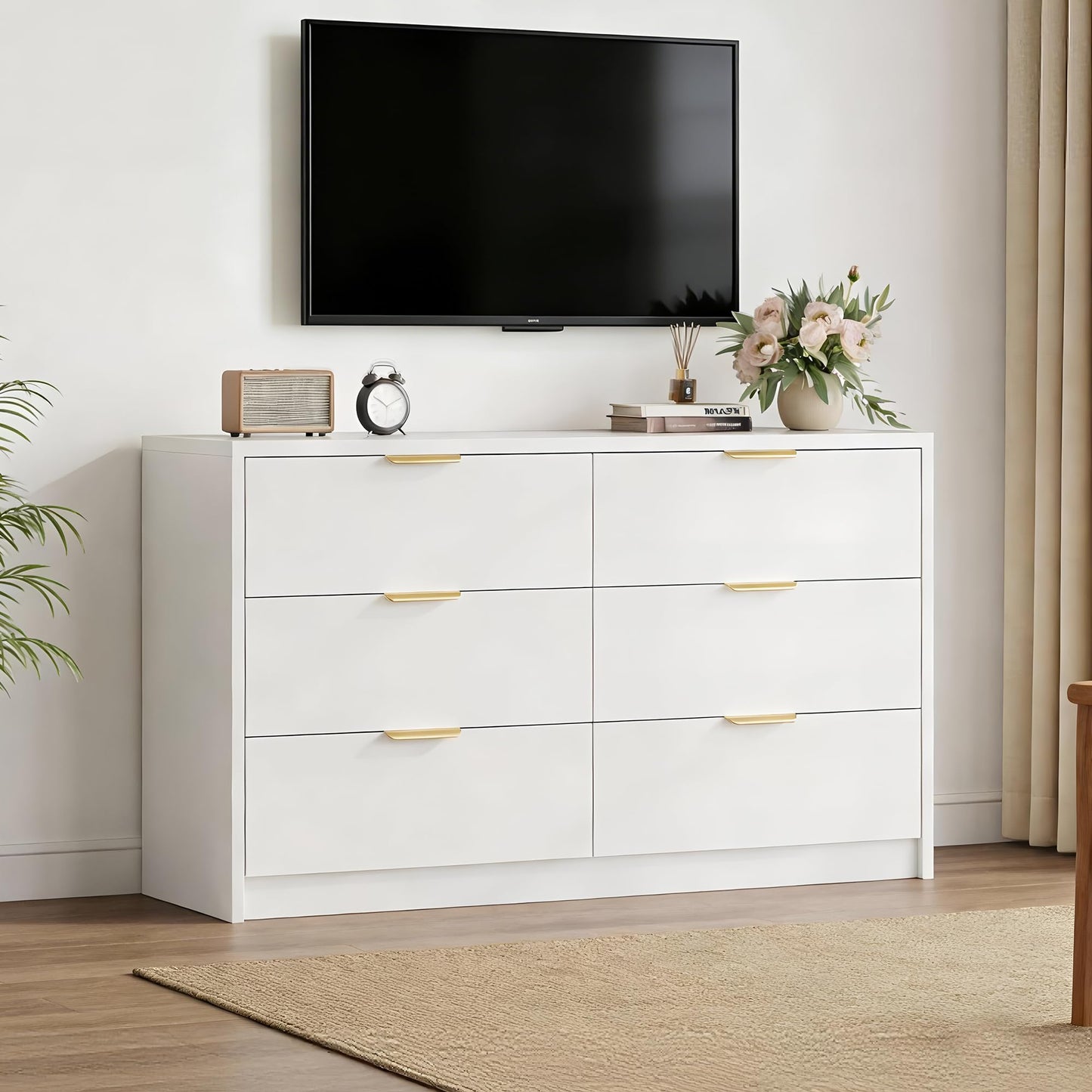 MapleGrace 53" Wide 6 Drawer Dresser for Bedroom, Modern Simple Wood Dresser Chest of Drawers Closet Store Organizer for Living Room, Hallway (White, 15.4" D x 53.1" W x 30.9" H (6 Drawers))