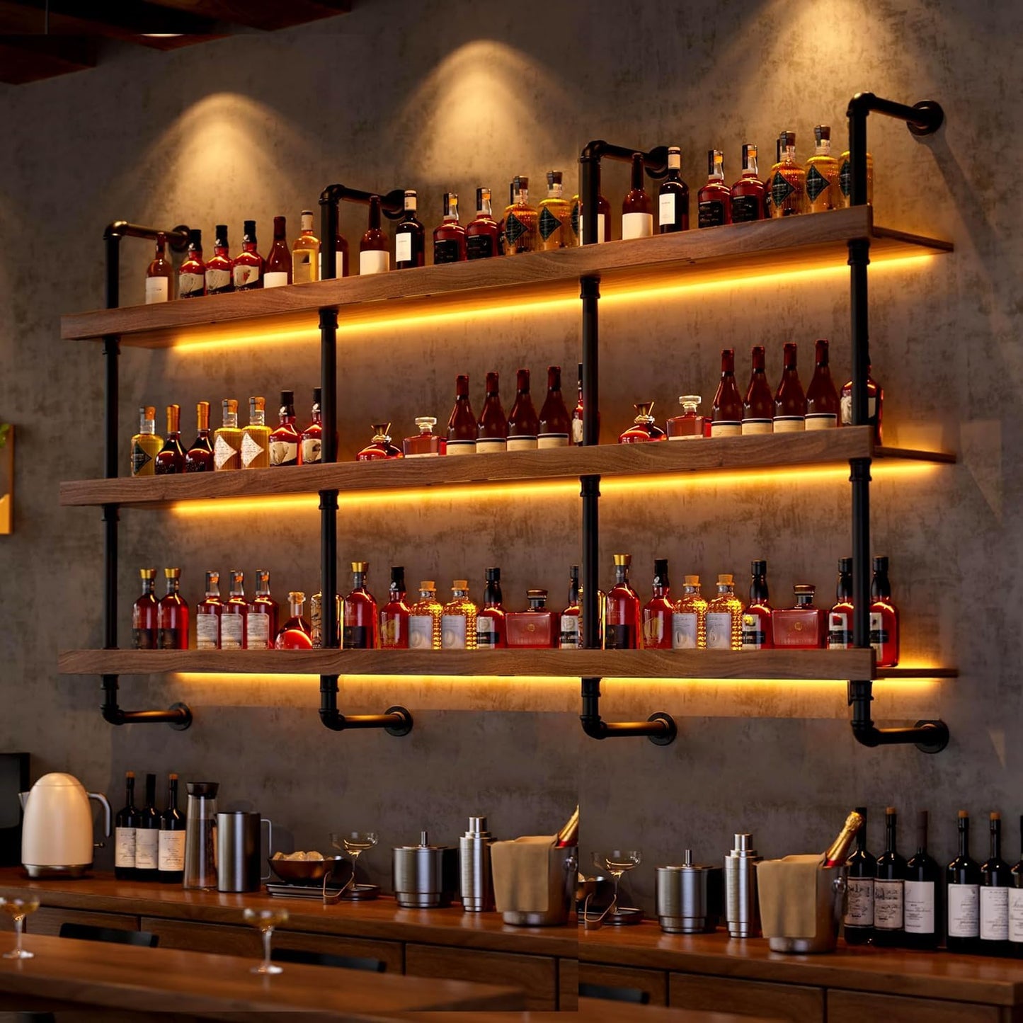 Dawselod 39.7in Large Wine Rack with LED Light Solid Wood Wall Mounted Wine Rack, 3-Tiers Liquor Bottles Floating Shelves Display Storage Organizer for Home Bar & Dining Room (100cm/39.7in)