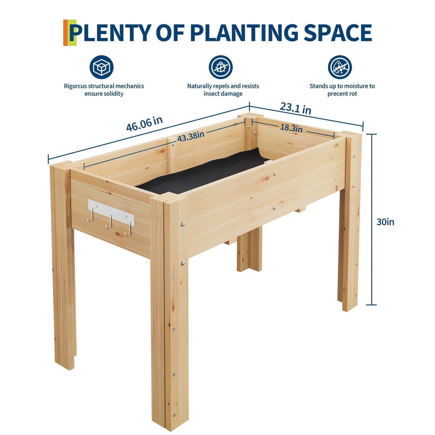 Takywep 47x30x22 in Raised Garden Bed, Elevated Wooden Planter Box with Legs and Hooks, Fabric Liner, Non-Toxic Fir Wood, Perfect for Vegetables, Herbs & Flowers, Outdoor Garden