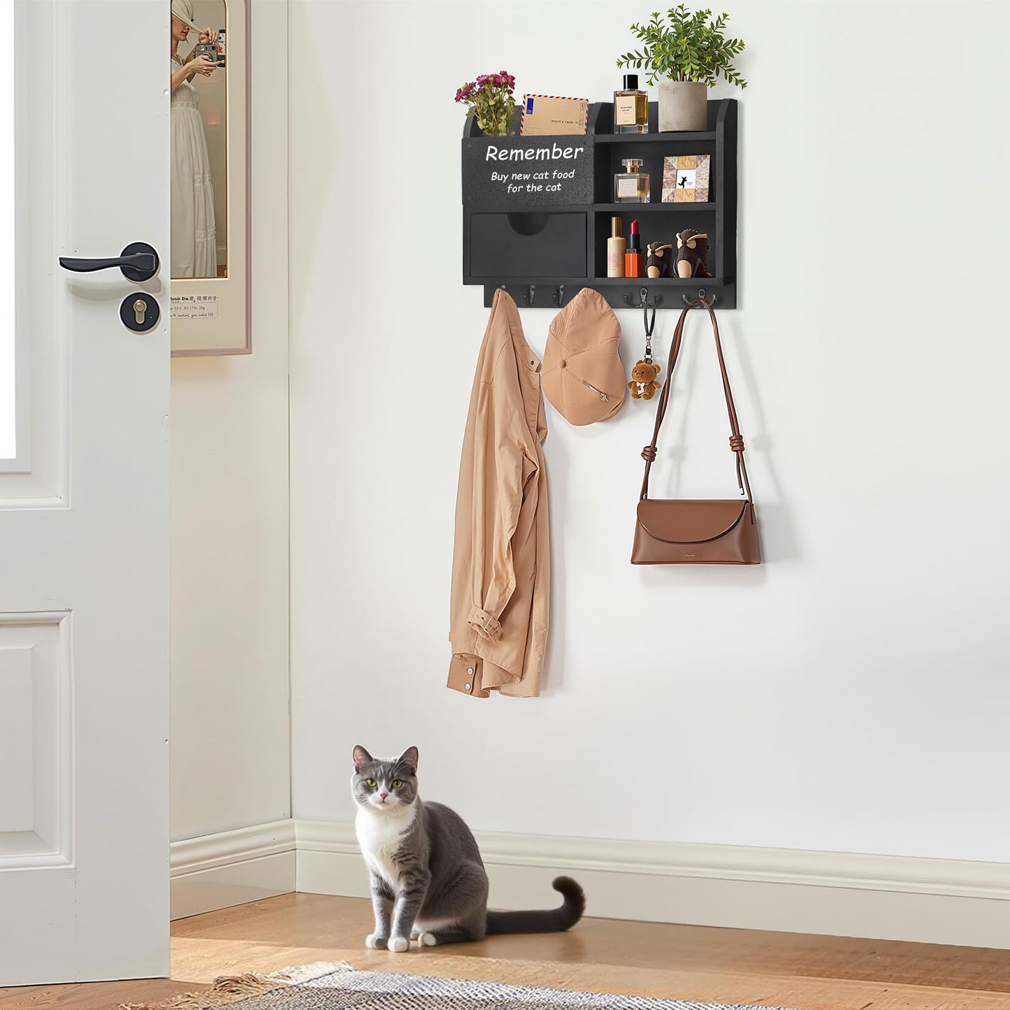 Key Holder Wall Mount, 14.5x11.2x3.5'' Larger 3-Tier Shelf 8 Hooks Drawer Storage,Wooden Key and Mail Holder for Wall,Farmhouse,Home,Living Room,House,Office Decor,Hats,Bag,Dog Leash Hanger Organizer