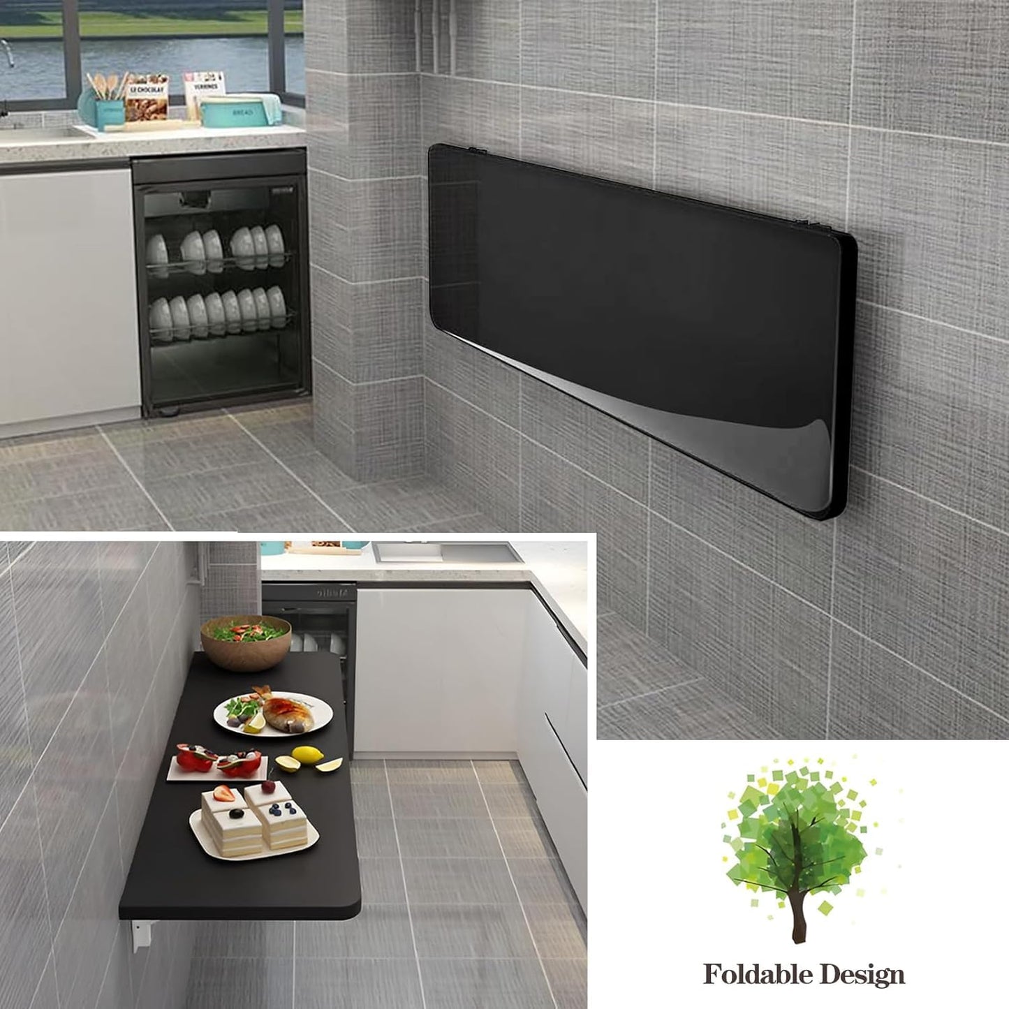 CYGJSYEA Wall Mounted Folding Table,Black Floating Desk for Small Spaces,Stainless Steel Bracket Laundry Folding Table,Wall Folding Desk,Home Bars and Dining Establishments(80X50cm/31.5"×19.7")