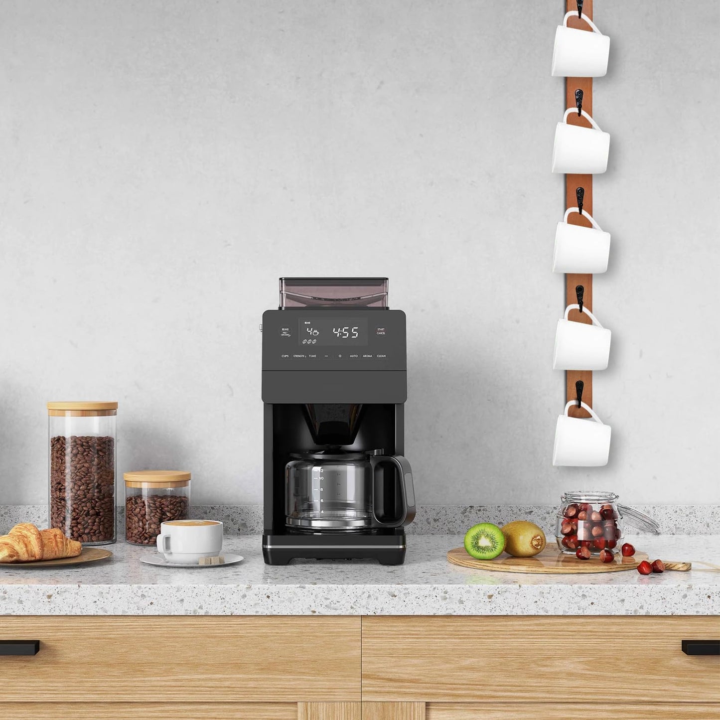 Scandinavian Style Solid Beech Hardwood Mug Rack - 6-Hook Wall-Mounted Coffee Cup Holder, Space-Saving Organizer for Kitchen/Coffee Bar/Room, Perfect Storage for Cups/Hats/Bags(Brown)