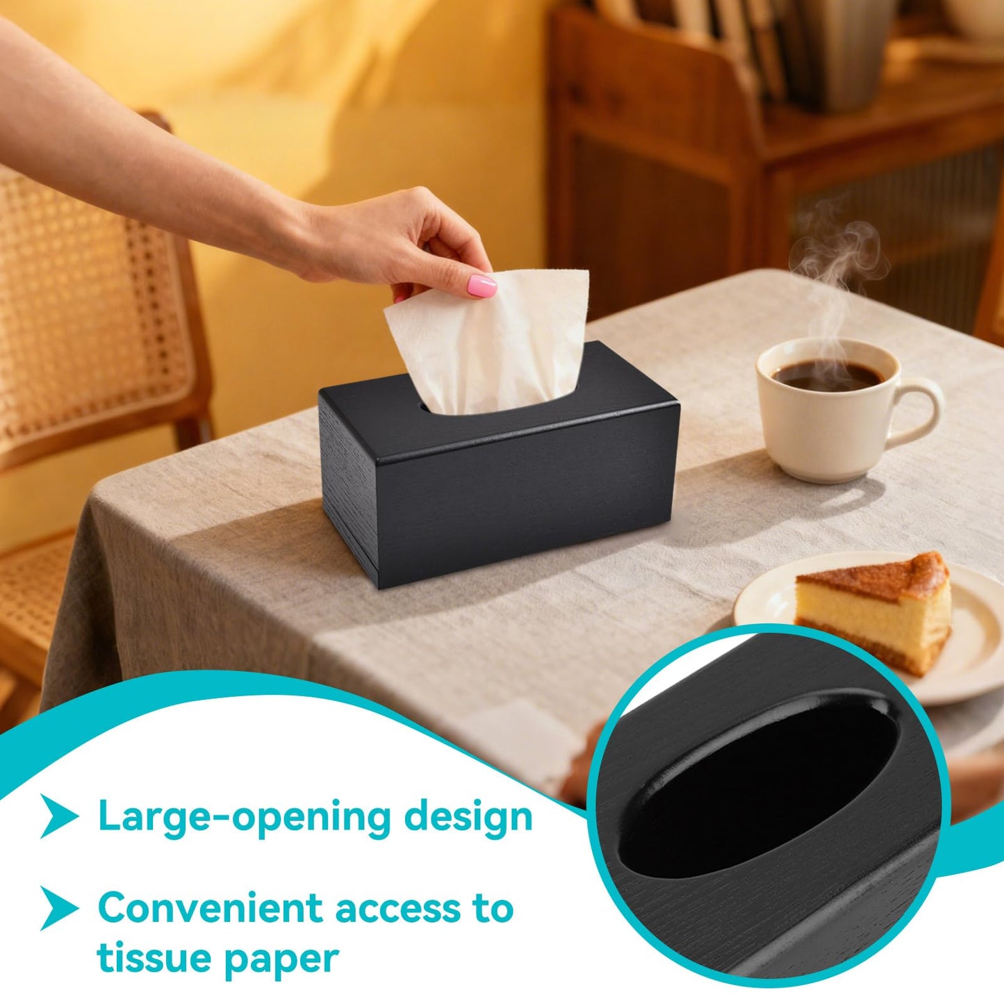 Wood Grain Tissue Box Cover with Easy Refill Slide Out Bottom, Modern Black Decorative Wooden Tissue Box Cover Rectangle Refillable Bathroom Facial Napkin Tissuebox Cover Holder (Black)