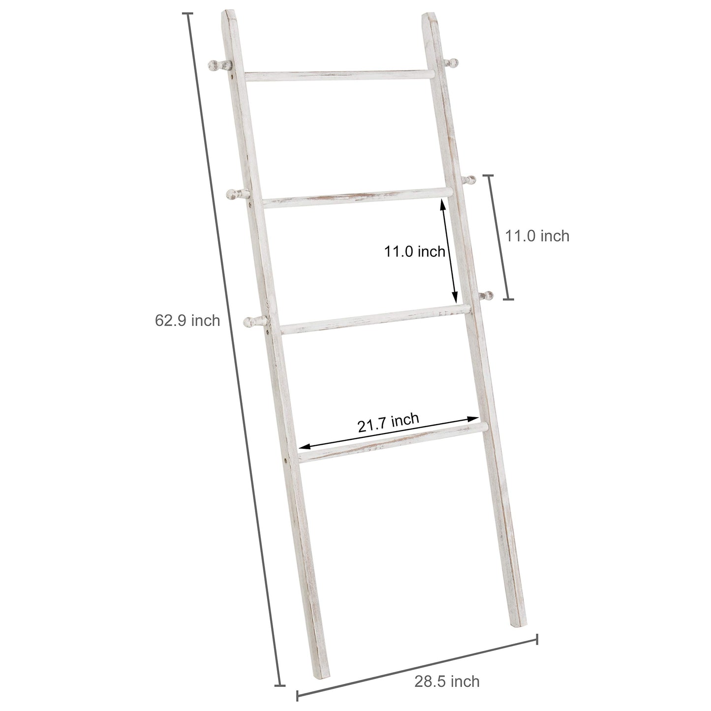MyGift 63 Inch Wooden Blanket Ladder, White Quilt Towel Holder Rack, Wall Leaning 4 Rungs and 6 Pegged Hooks Farmhouse Decorative Furniture