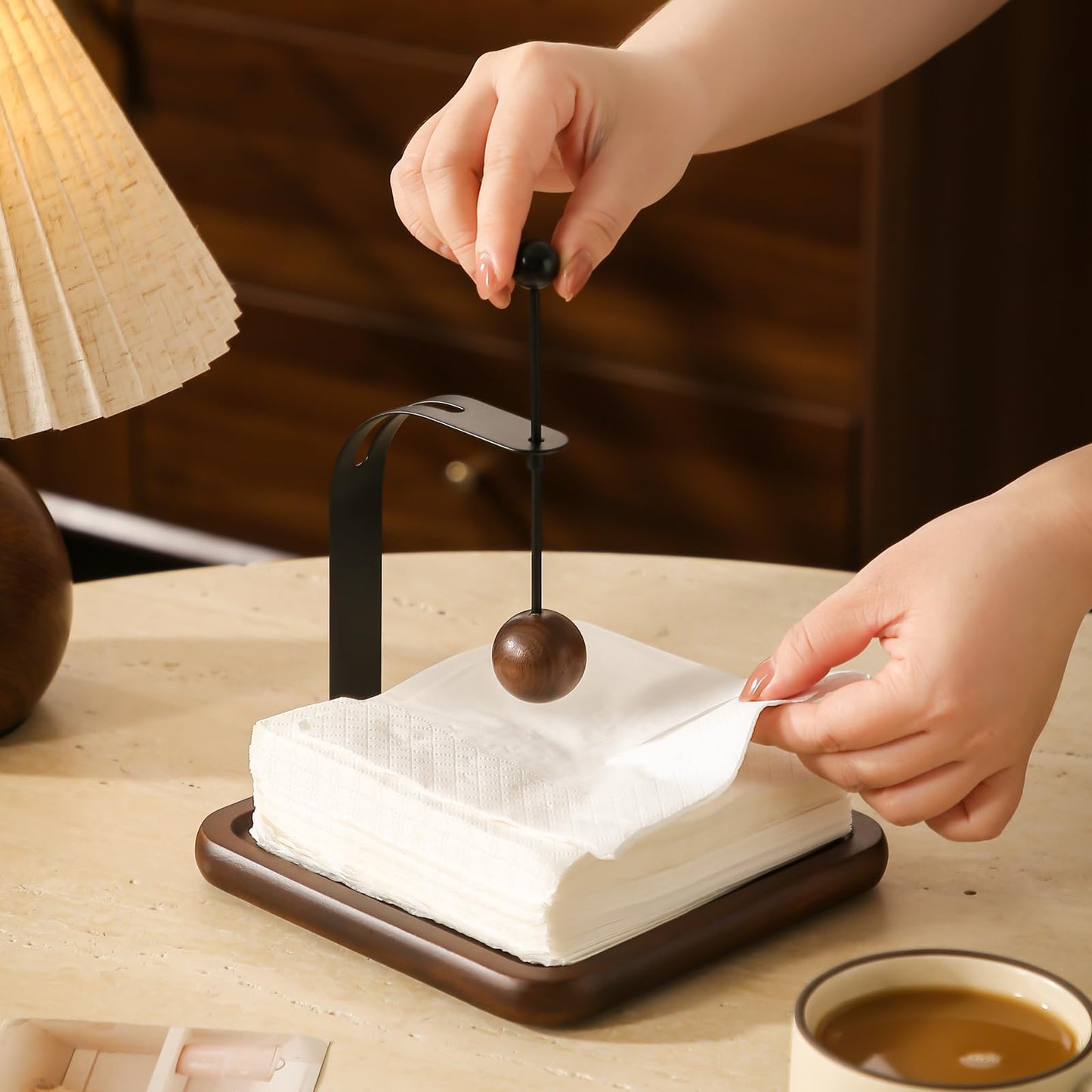Napkin Holder with Wooden Base and Black Metal Frame, Modern Style for Dining Table (square)