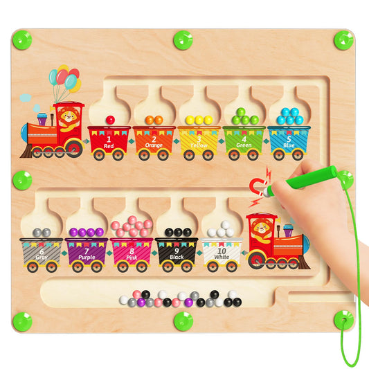 Magnetic Color and Number Maze, Montessori Toys for 2 3 4 Year Old, Wooden Color Matching Puzzle Board, Preschool Learning Activities Travel Toys for Ages 2-4 for Girls Boys Birthday Gifts - Train