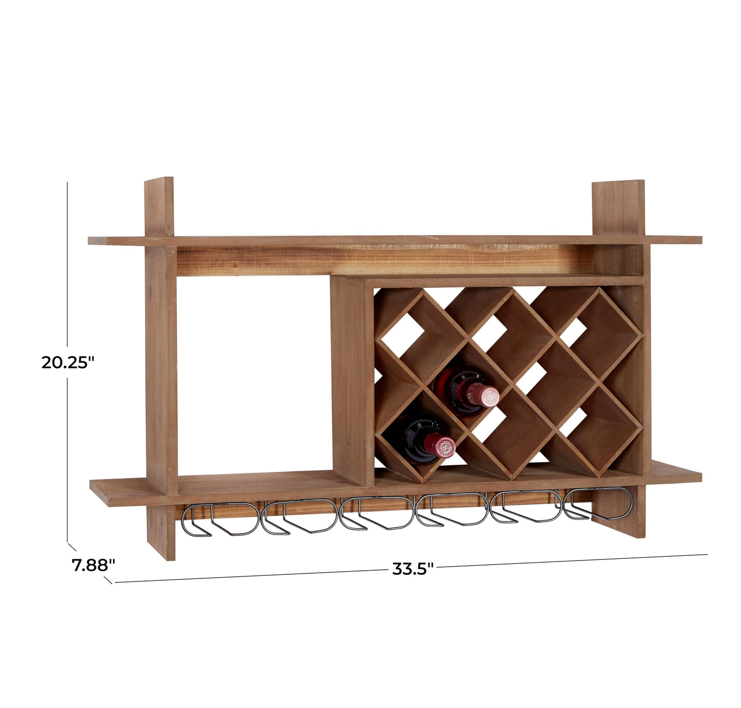 Deco 79 Wood Geometric 8 Bottle Slot Wall Wine Rack with 6 Glass Holder Slots, 34" x 8" x 20", Brown