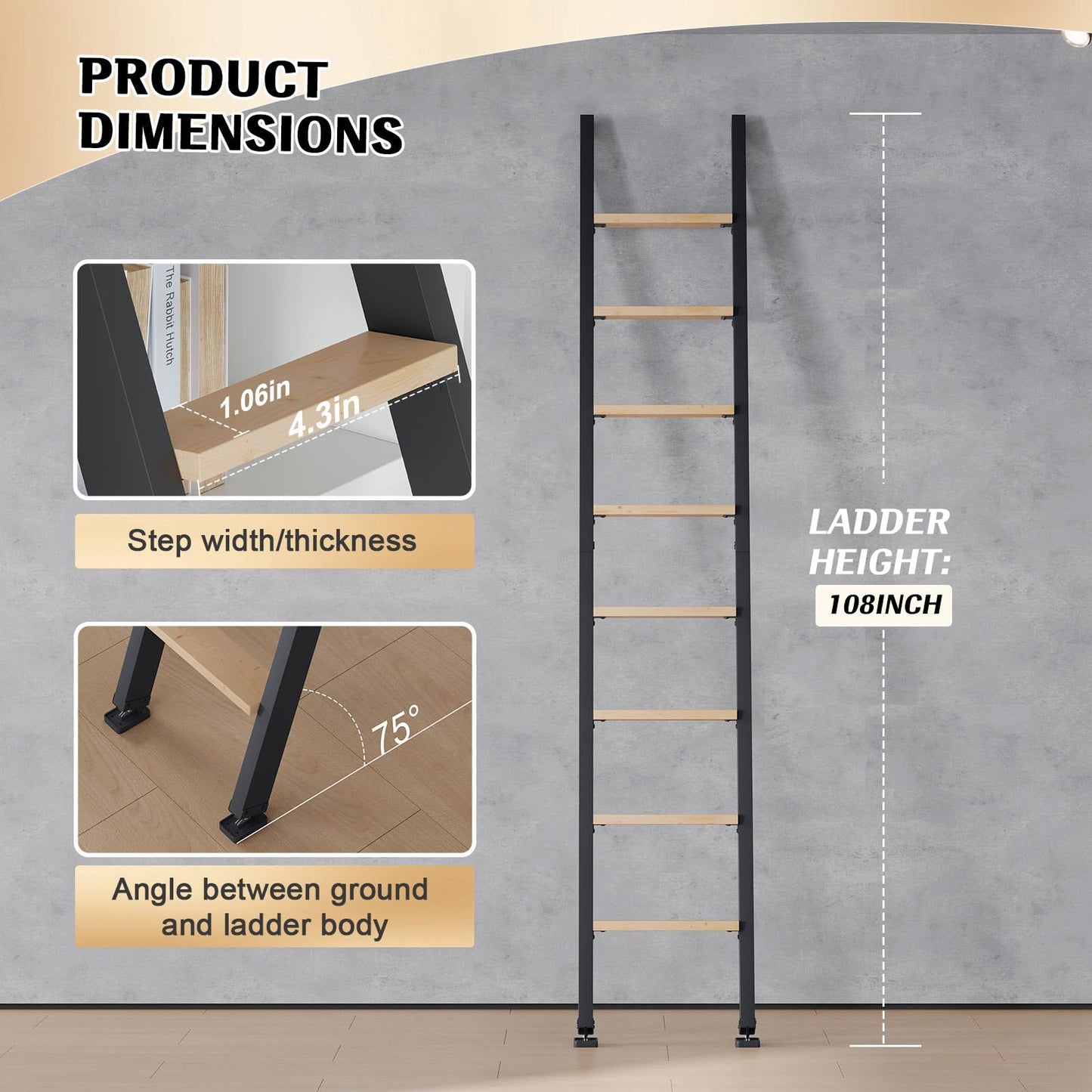 Fredbeck 9ft,108in Library Ladder Carbon Steel Frame Wooden Step,for Loft