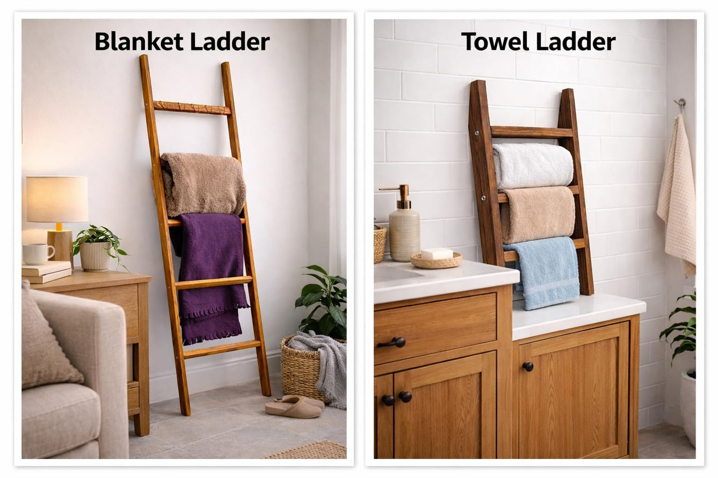 2 Pack Wooden Ladder Set, 1 pcs Blanket Ladder and 1 pcs Towel Ladder - Beech Wood 59'' inc 5 Tier and 5 Extra Hooks Blanket Ladder, Living Room and Bathroom Home Decor, Wall Decorative Shelves