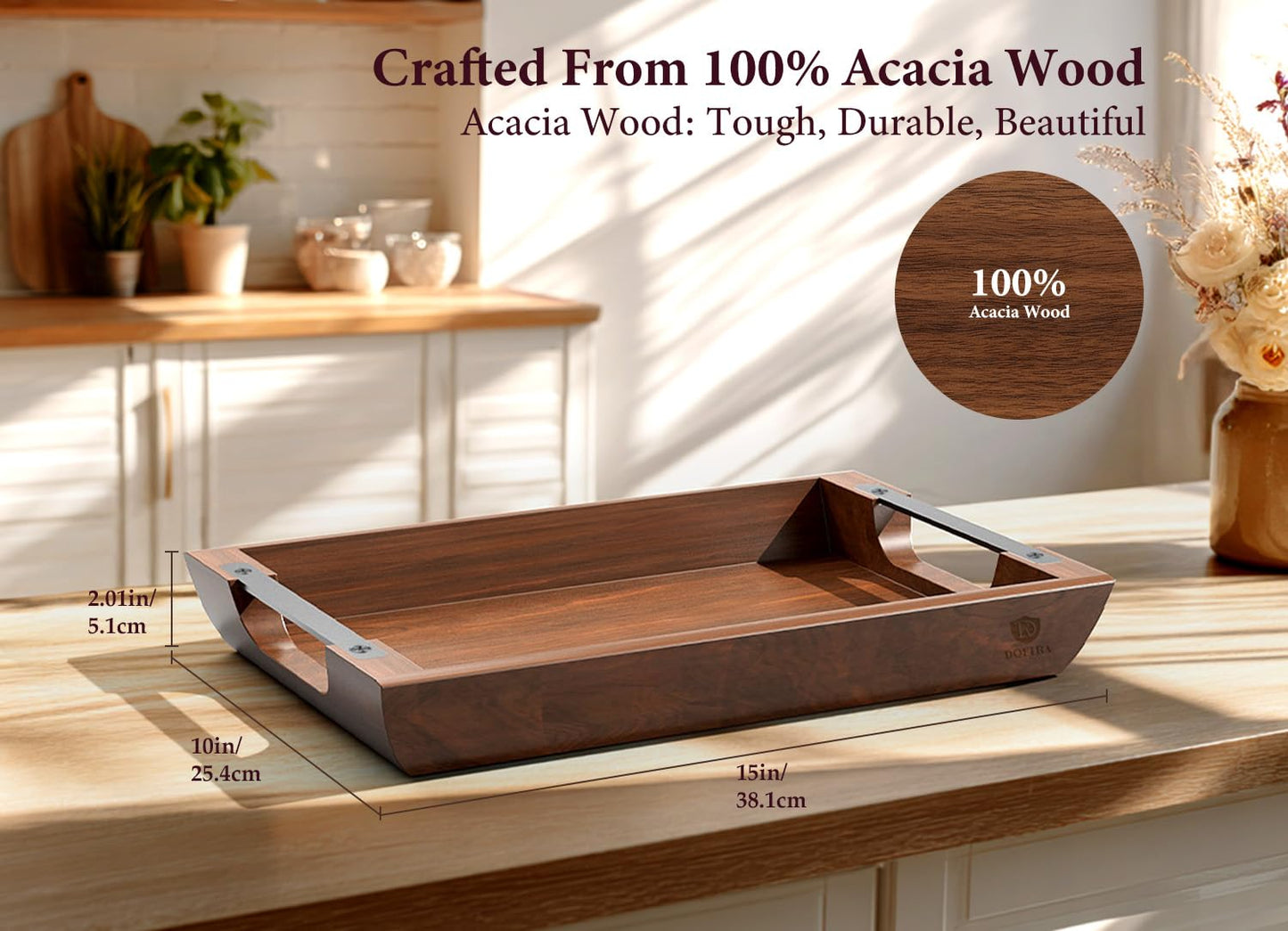 Dofira Acacia Wood Serving Tray with Metal Handles, 15x10 Inch Decorative Tray for Coffee Table Ottoman - Rustic Wooden Breakfast & Drink Tray, Farmhouse Centerpiece