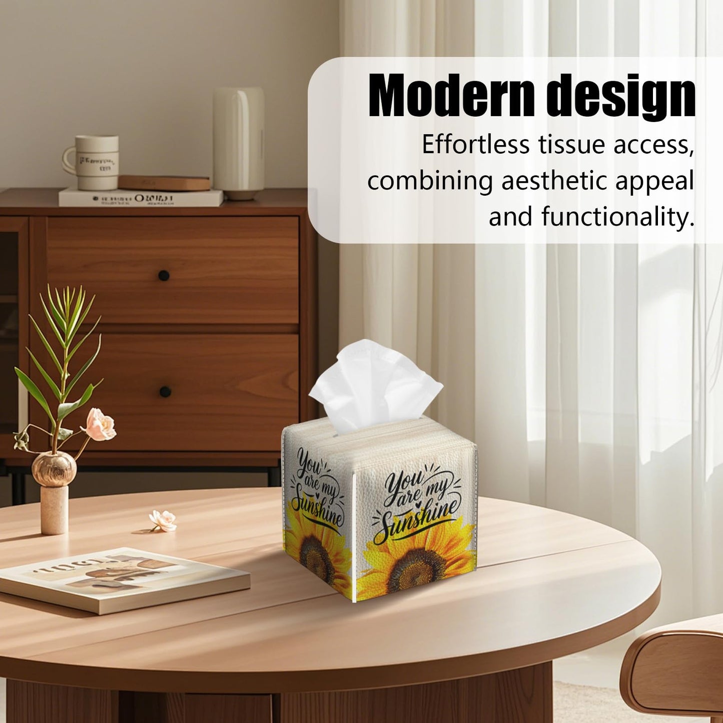2 Pack Sunflower Sunshine Tissue Box Cover Square Wooden Board Texture PU Leather Tissue Box Holder Waterproof Facial Paper Organizer Dispenser for Bathroom Kitchen Home Office Car