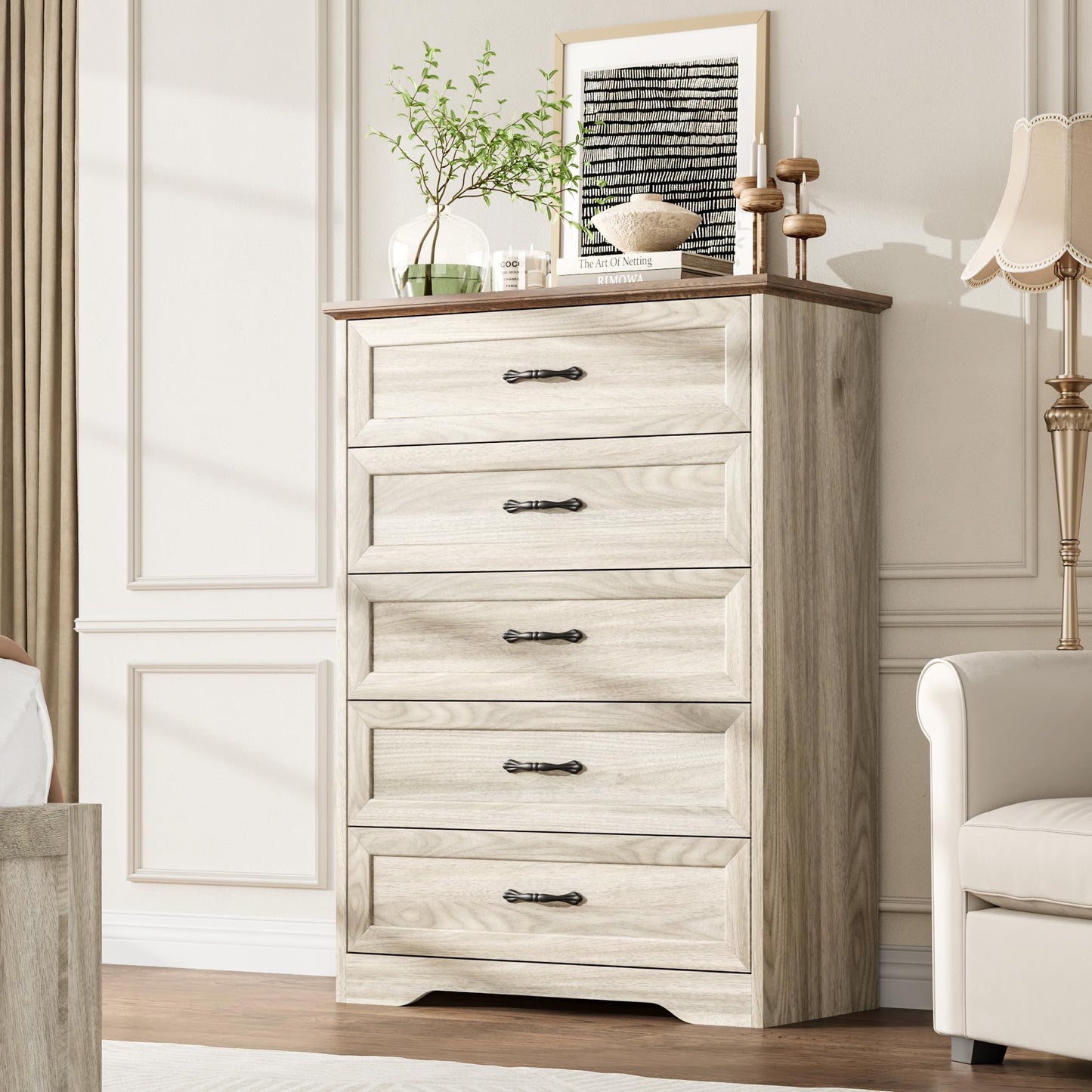 Garvee 5 Drawers Dresser for Bedroom,Chest of Drawers with Wide Metal Handle,Farmhouse Modern Wooden Tall Dresser,Natural Texture,Storage Organizer for Bedroom,Living Room,Kids Room(Beige)