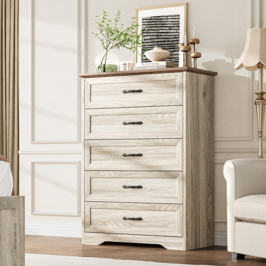 Garvee 5 Drawers Dresser for Bedroom,Chest of Drawers with Wide Metal Handle,Farmhouse Modern Wooden Tall Dresser,Natural Texture,Storage Organizer for Bedroom,Living Room,Kids Room(Beige)