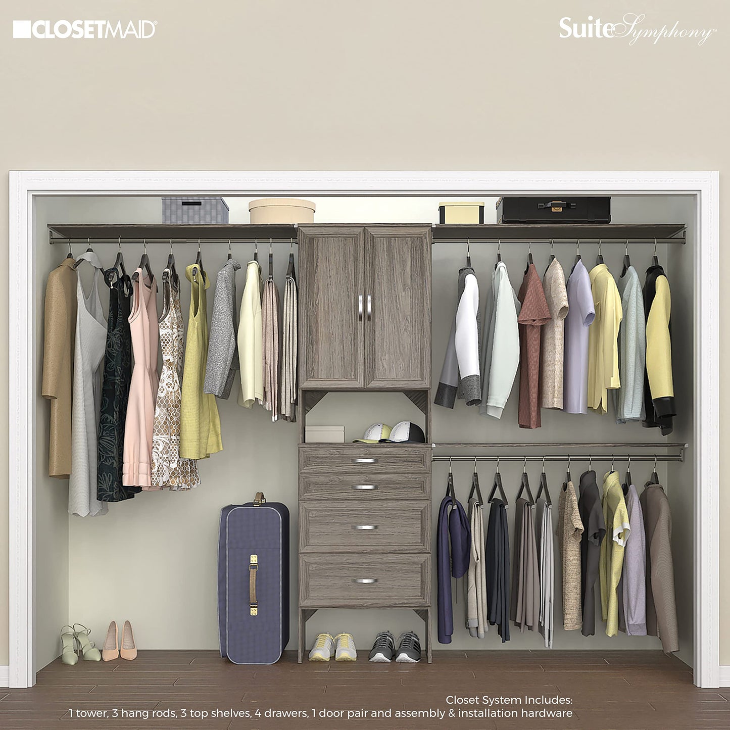 ClosetMaid SuiteSymphony Wood Closet Organizer Kit with Tower, 3 Hang Rods, Top Shelves, 4 Drawers, Doors, Adjustable, Fits Spaces 6 - 10 ft. Wide, Graphite Grey