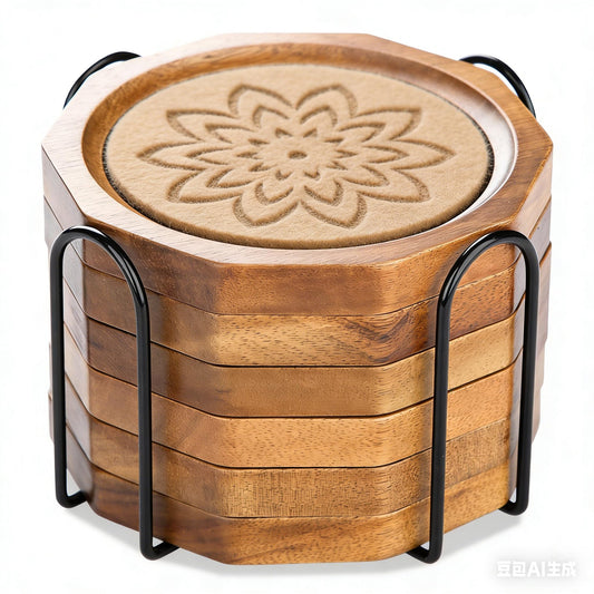 Wood Coasters for Drinks Absorbent with Lip, 4.3 Inch Acacia Wood Camel Felt Coaster with Holder for Wooden Coffee Table for Cups, Mugs, and Glasses - Set of 6