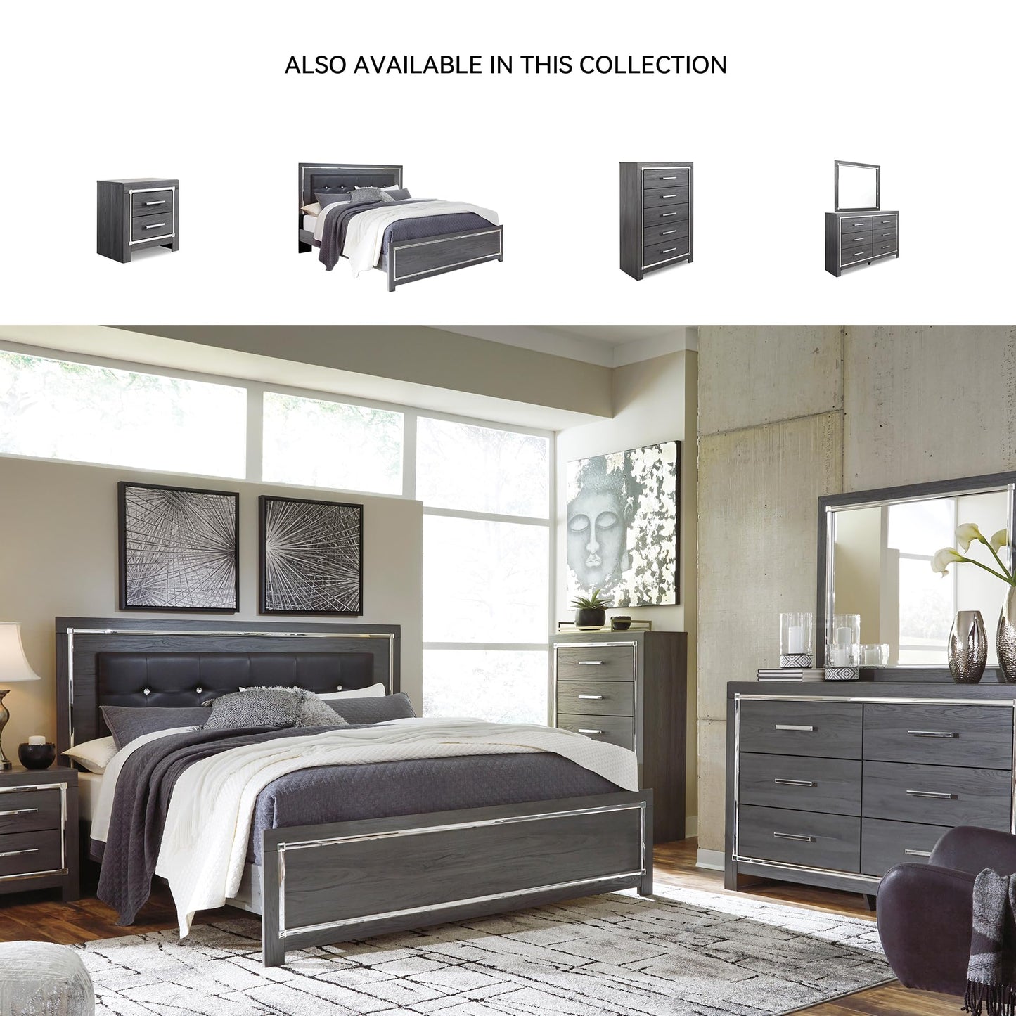 Signature Design by Ashley Lodanna Modern Glam 2 Drawer Nightstand with USB & Wireless Charging Options, 24.41" Tall, Gray Wood Grain