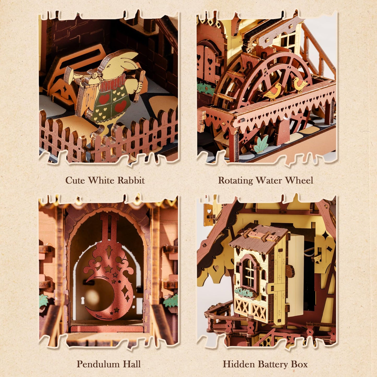 ROBOTIME 3D Wooden Puzzles for Adults-Cuckoo Clock Wooden Models for Adults to Build-435 Piece Model Kit with 2 Lights-Gift for Craft Enthusiast Model Building Set (Colourful)