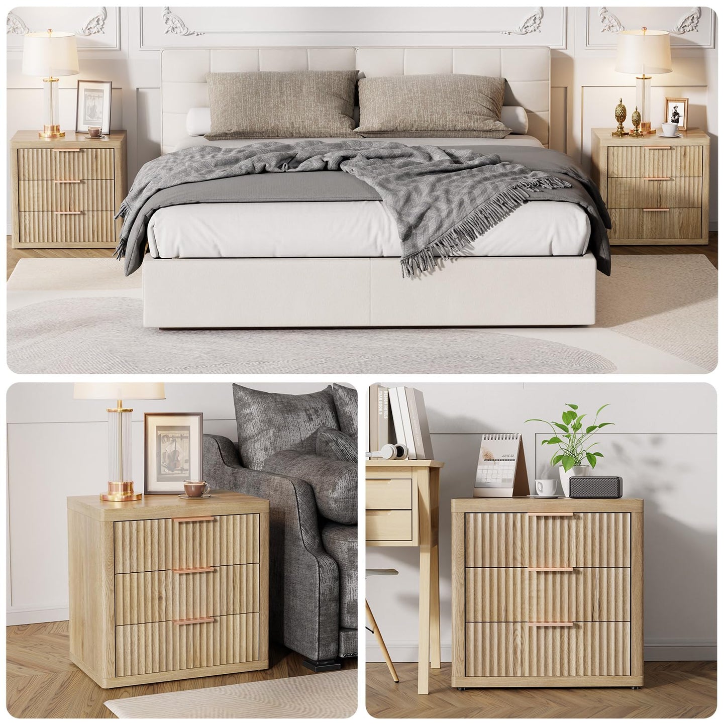 LOOMORA Fluted Nightstand with 3 Drawers, 23" Wide Modern Night Stand, Tall Bed Side Table with Metal Handle, Large Storage End Table, Nightstand for Bedroom, Living Room, Office, Nature