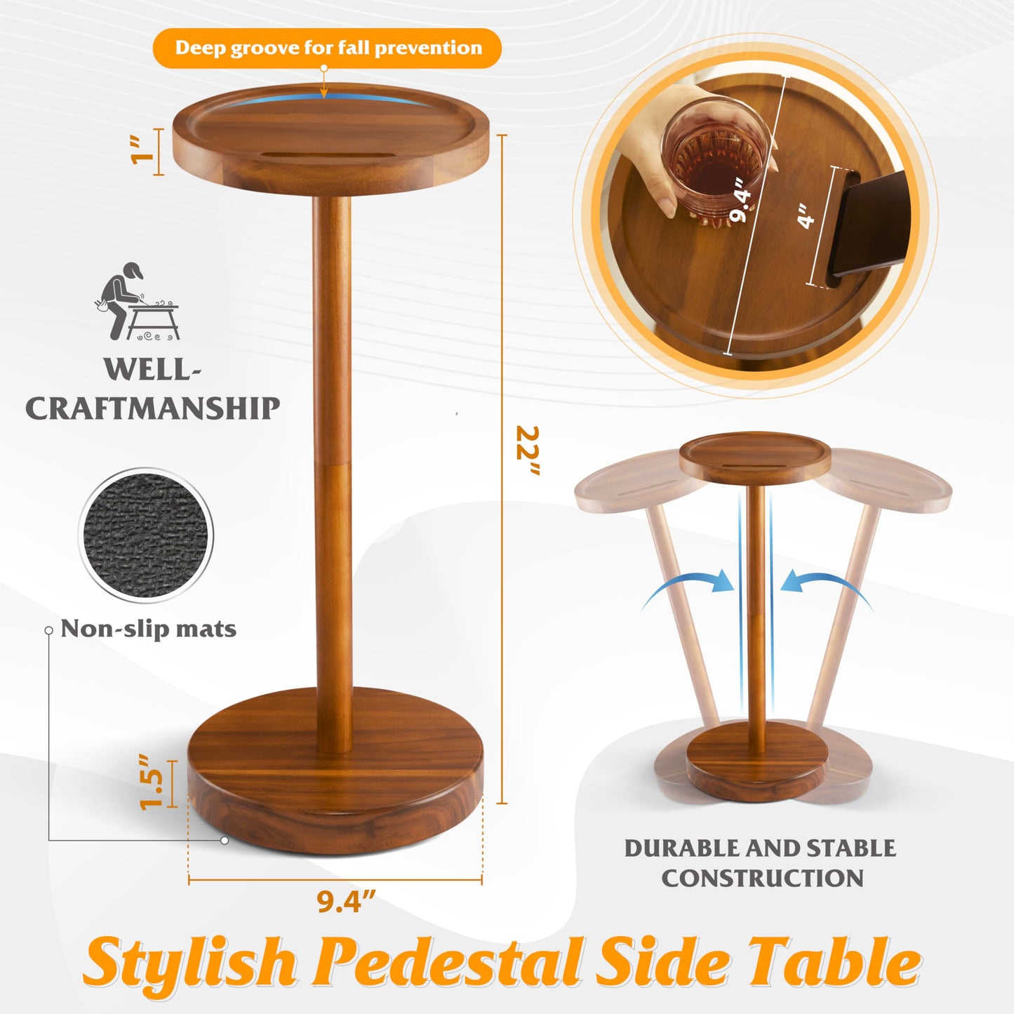 BLUEWEST Drink Table, 22" Tall Compact Side Table with Phone Slot and Weighted Base, Durable Pedestal Table Accent for Living Room, Bedroom, or Office, Cocktail and Martin (1, Acacia)