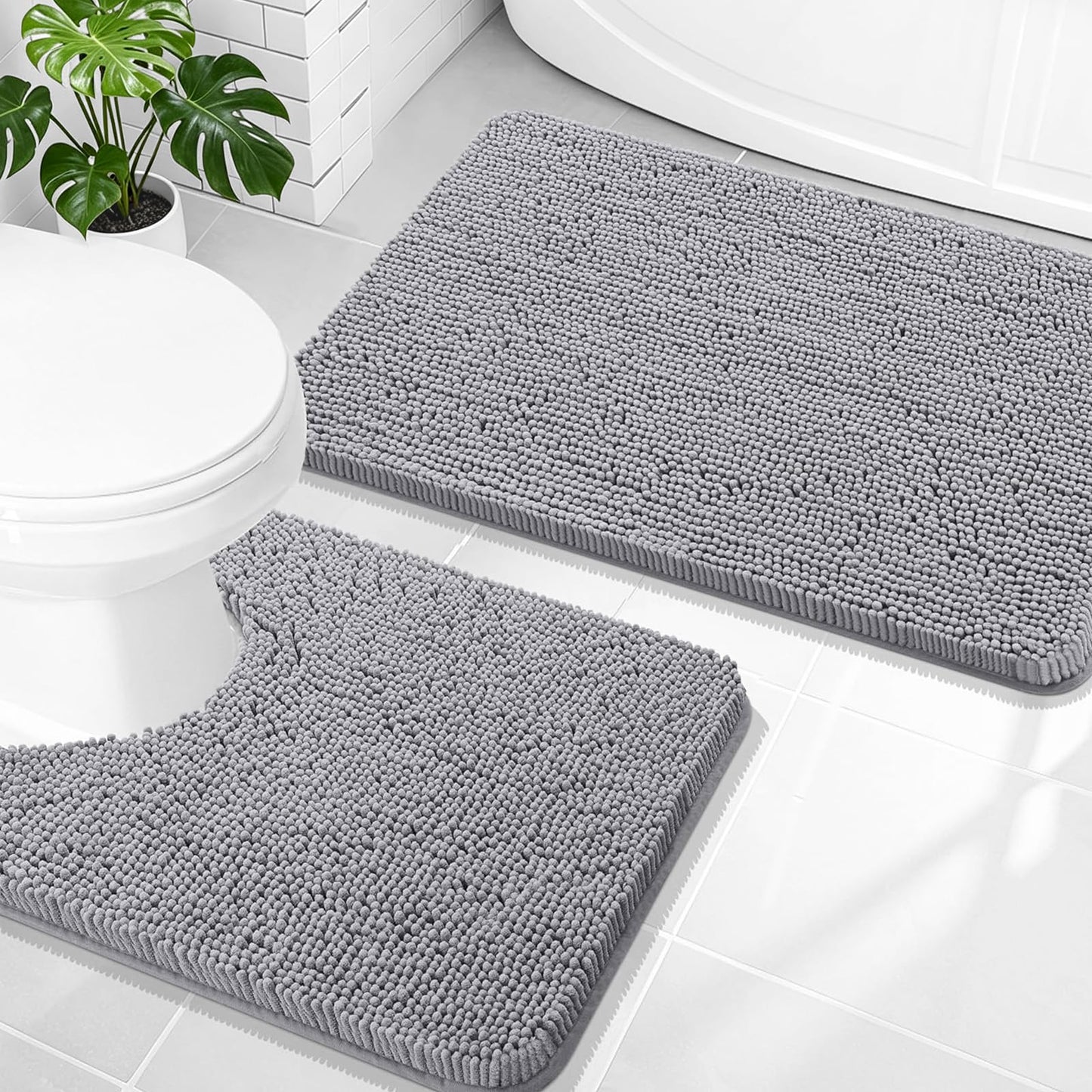 OLANLY Bathroom Rugs Sets 2 Piece, Soft Absorbent Chenille Bath Mats and U-Shaped Contour Toilet Mat Area Rug Set, Machine Washable Bath Carpet, Home Decor Accessories (30"x20"+24"x20", Grey)