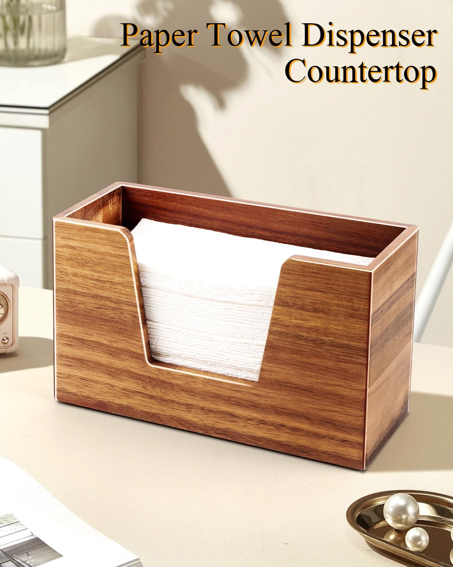 Wooden Paper Towel Holder, Napkin Holder for Bathroom Kitchen Countertop, C-Fold, Z-Fold, Trifold Hand Paper Towel Holder Dispenser