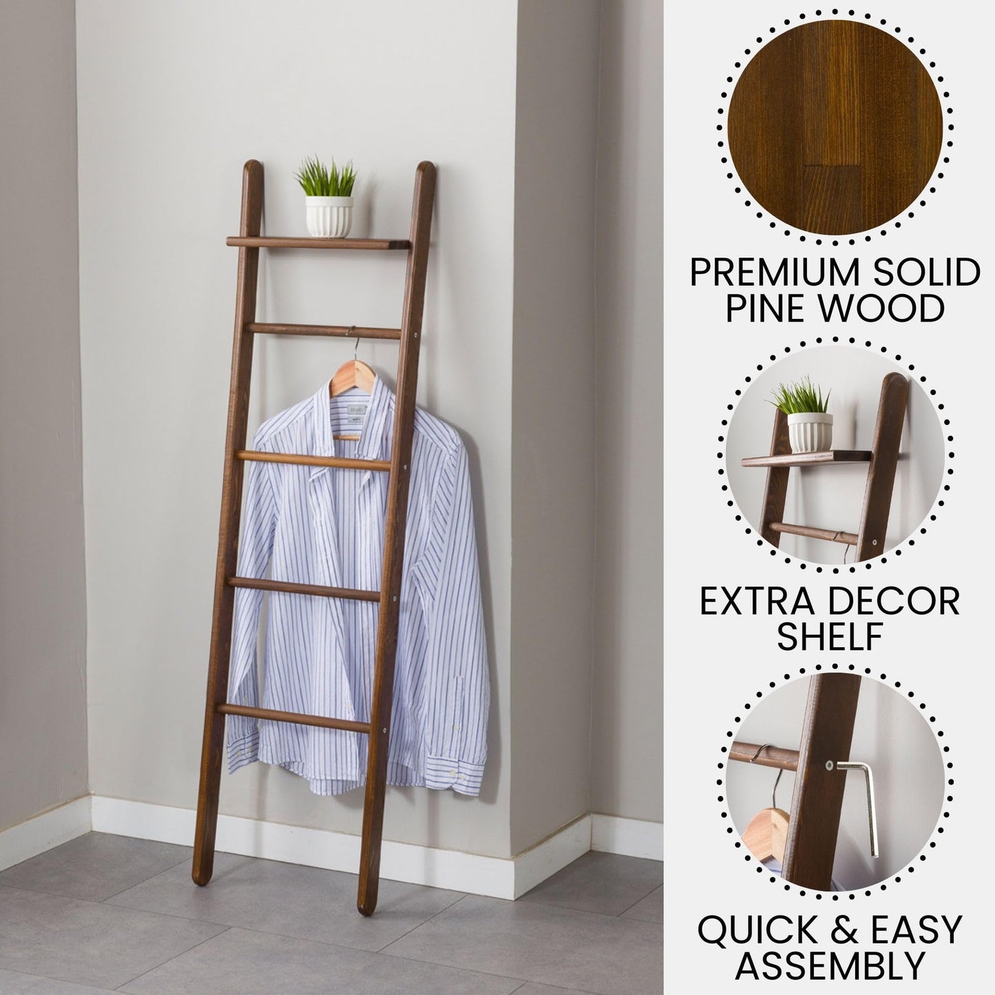 FURNIREM Solid Pine Wood Blanket Ladder for Living Room Bathroom Organizer Shelves, 7-Tier 5-Tier Freestanding Shelf, Freestanding Towel Rack Extra Storage, Wall-Leaning (Walnut, Medium)