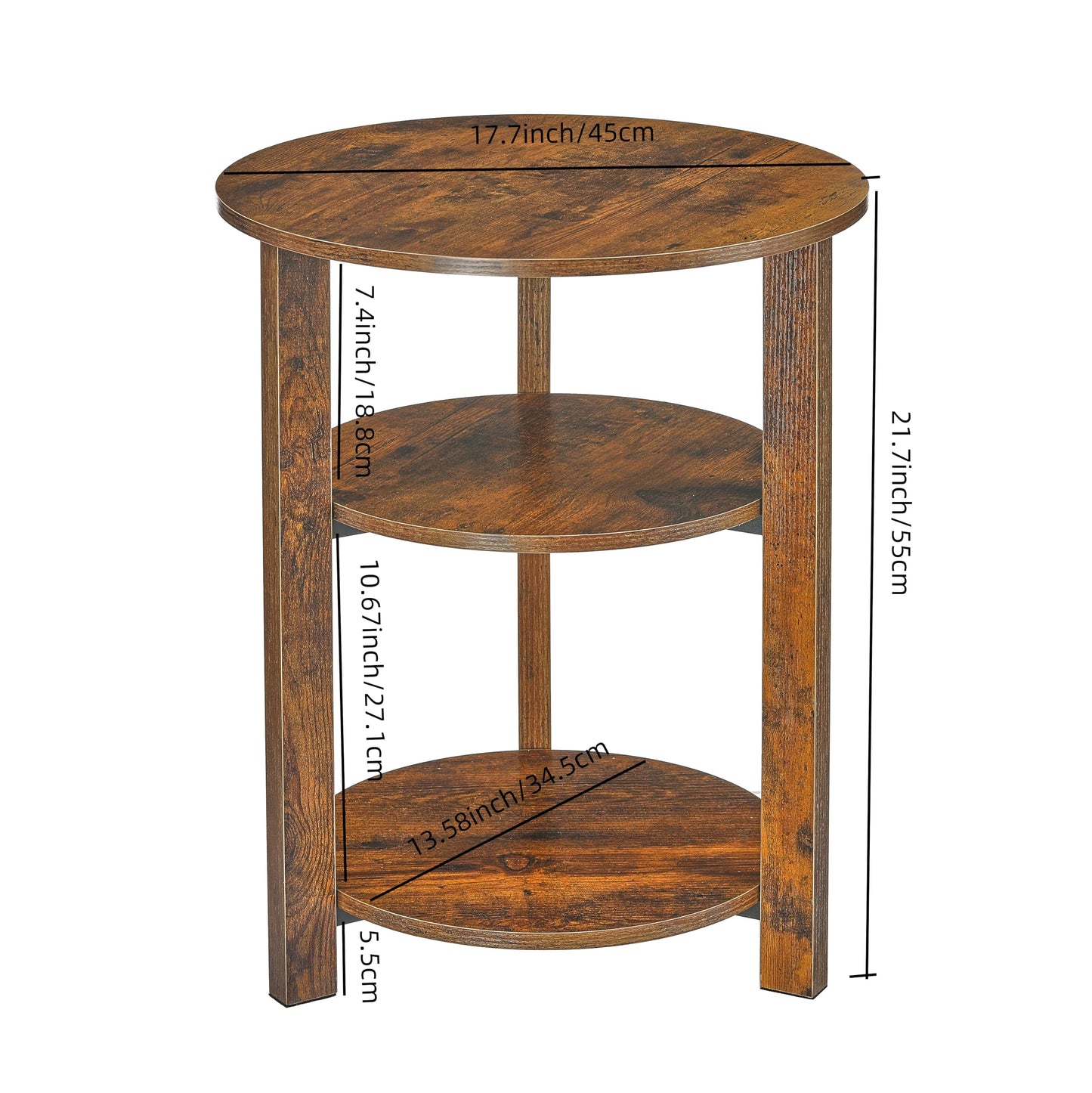 Farmhouse 3-Tier Round Side Table, 17.7*21.7inch End Table with Open Storage Shelf, Circular Nightstand Accent Table for Living Room, Bedroom,Wooden Table for Narrow and Small Spaces,Rustic Brown