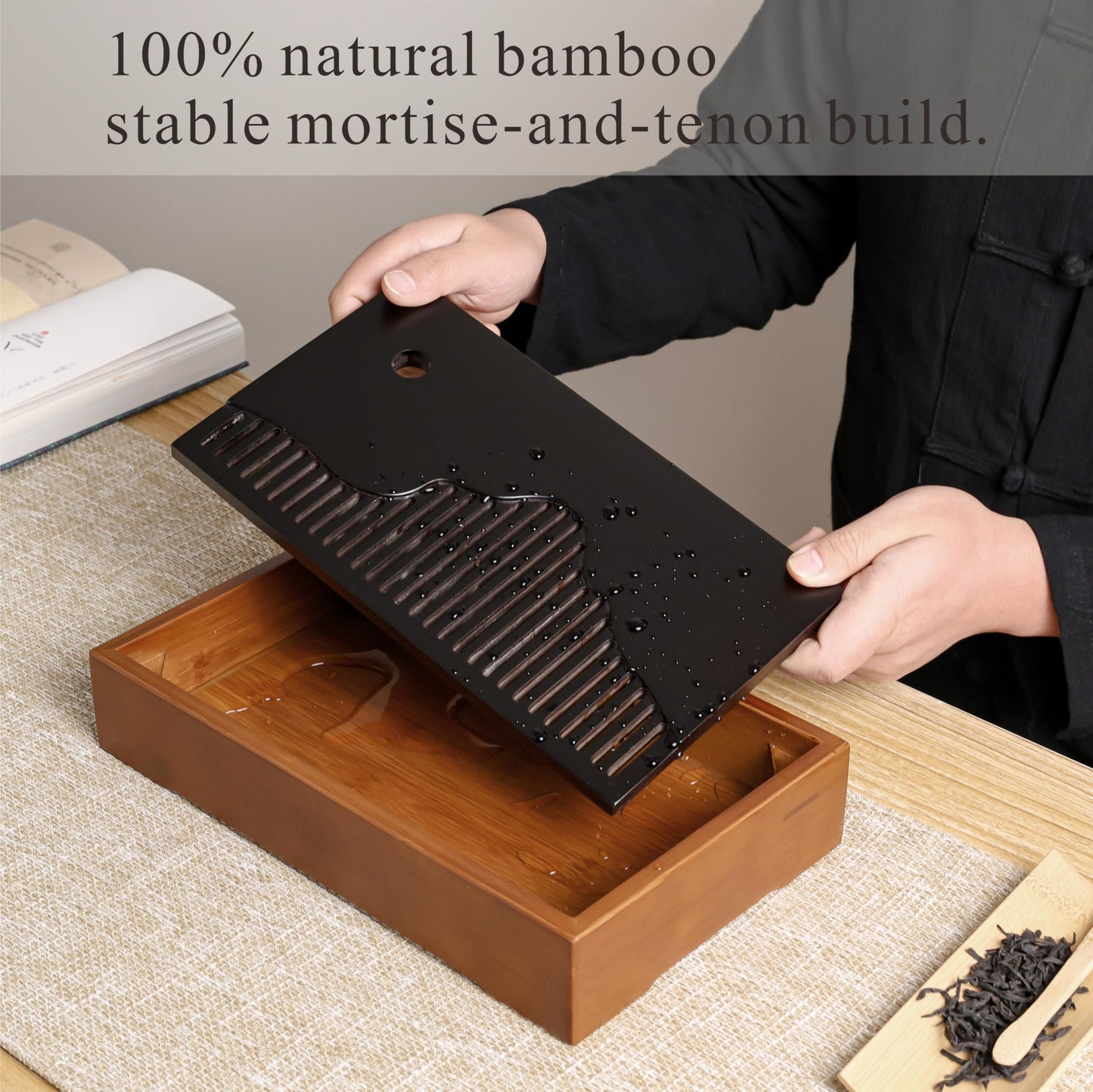 Bamboo Tea Tray & Table Set - Chinese Gongfu Tea Serving Tray with Tea Brush, Compact & Portable (11.8 Inch)