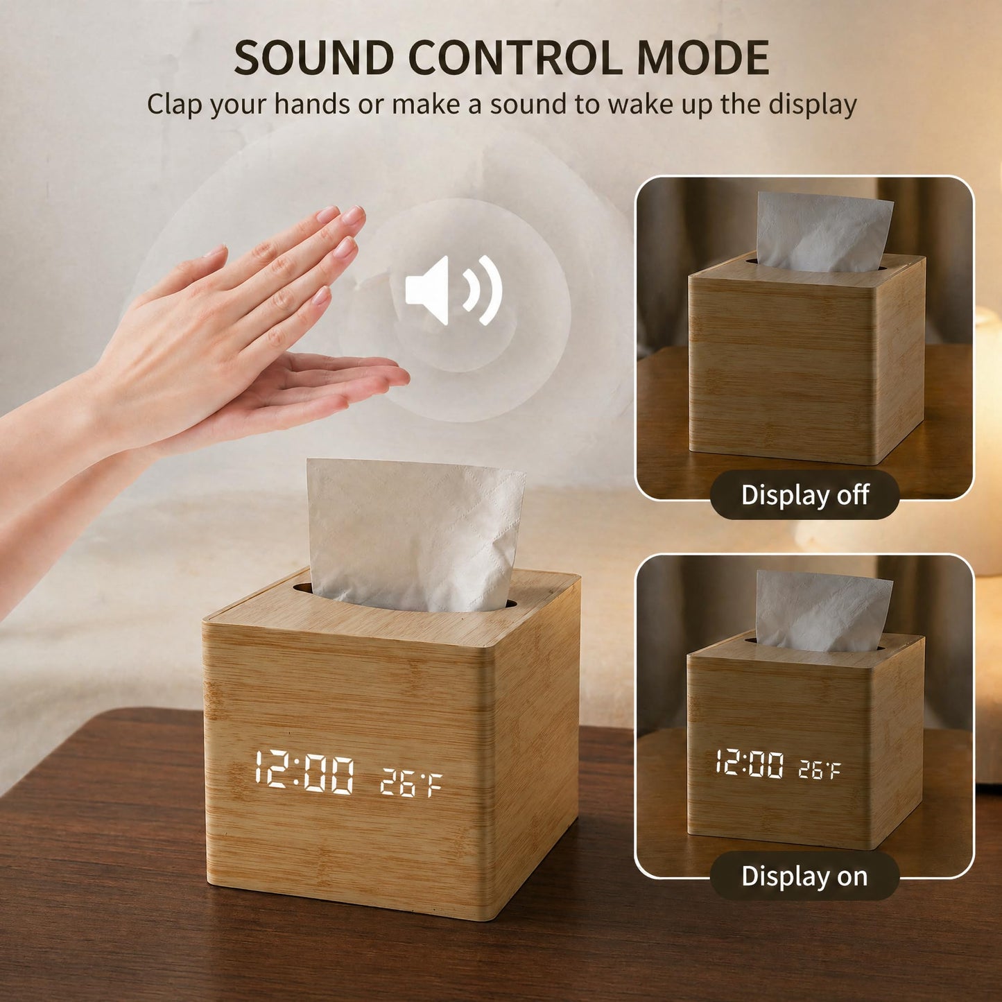 ANHUXINLEI Wooden Tissue Box Cover - Digital Square Holder with Dimmable Alarm Clock, Temperature and Date Display - Cordless Home Decor for Office Desk, Nightstand and Bedroom Organization