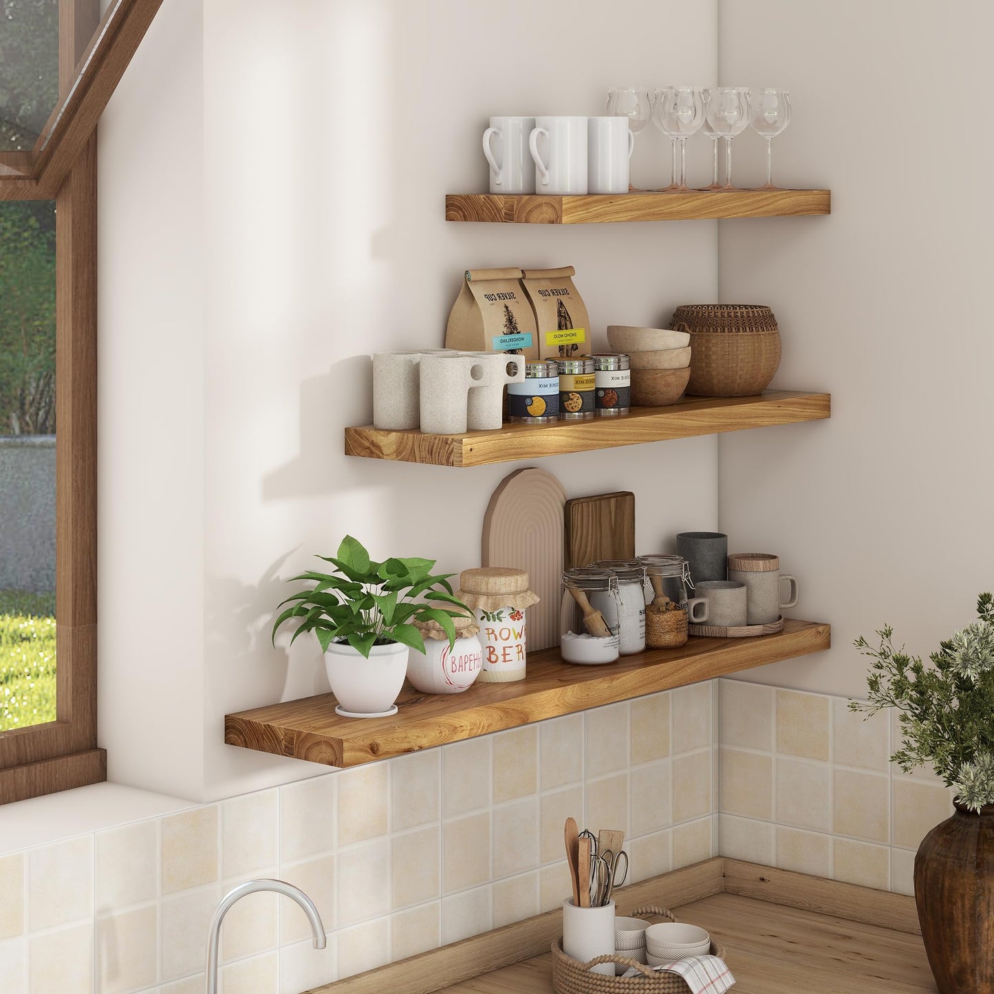 Axeman Floating Shelves for Wall, 24''W x 8'' D Rustic Solid Elm Wood Shelves for Storage, Wall Mounted Display Shelving with Invisible Heavy-Duty Metal Bracket (Natural, 2PCs)