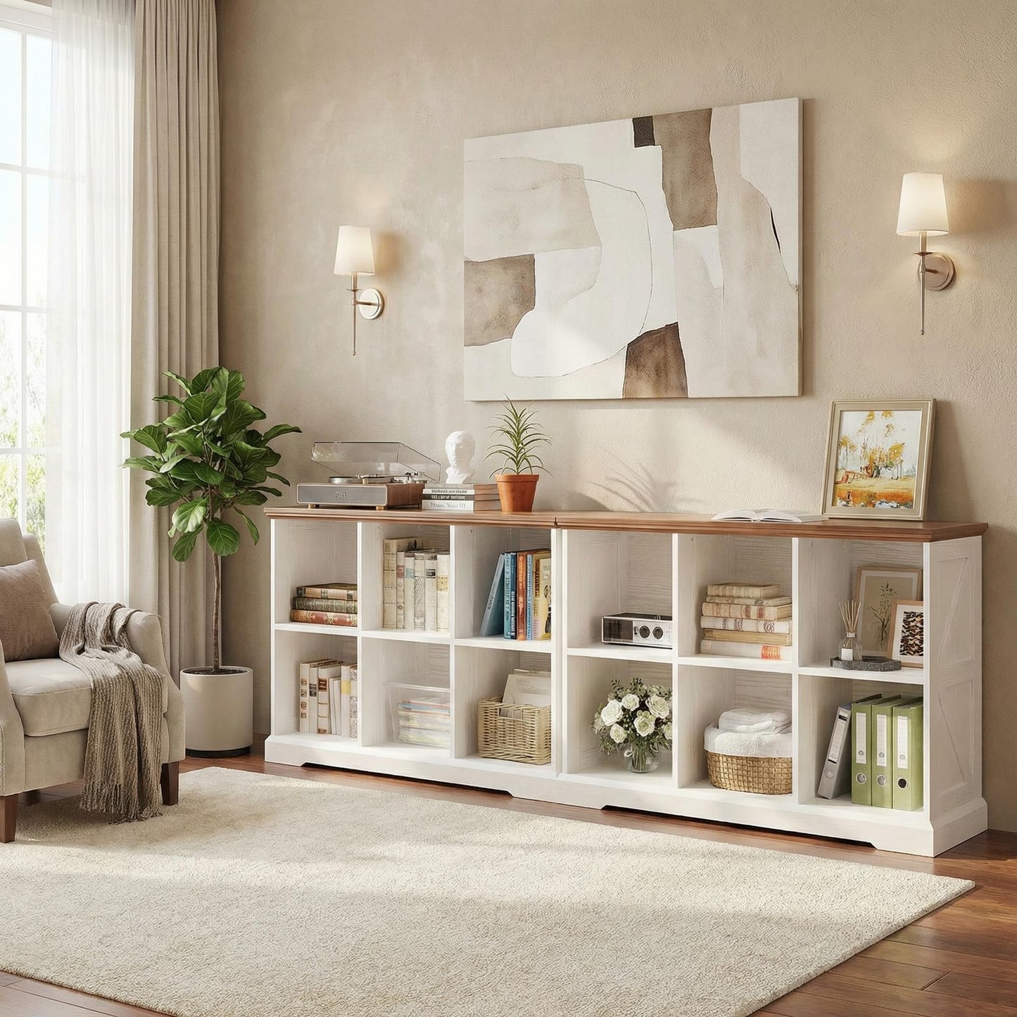 IRONCK 6 Cube Storage Organizer, Wooden Cube Shelf with Storage, Farmhouse Bookcase for Bedroom, Living Room and Home Office, White