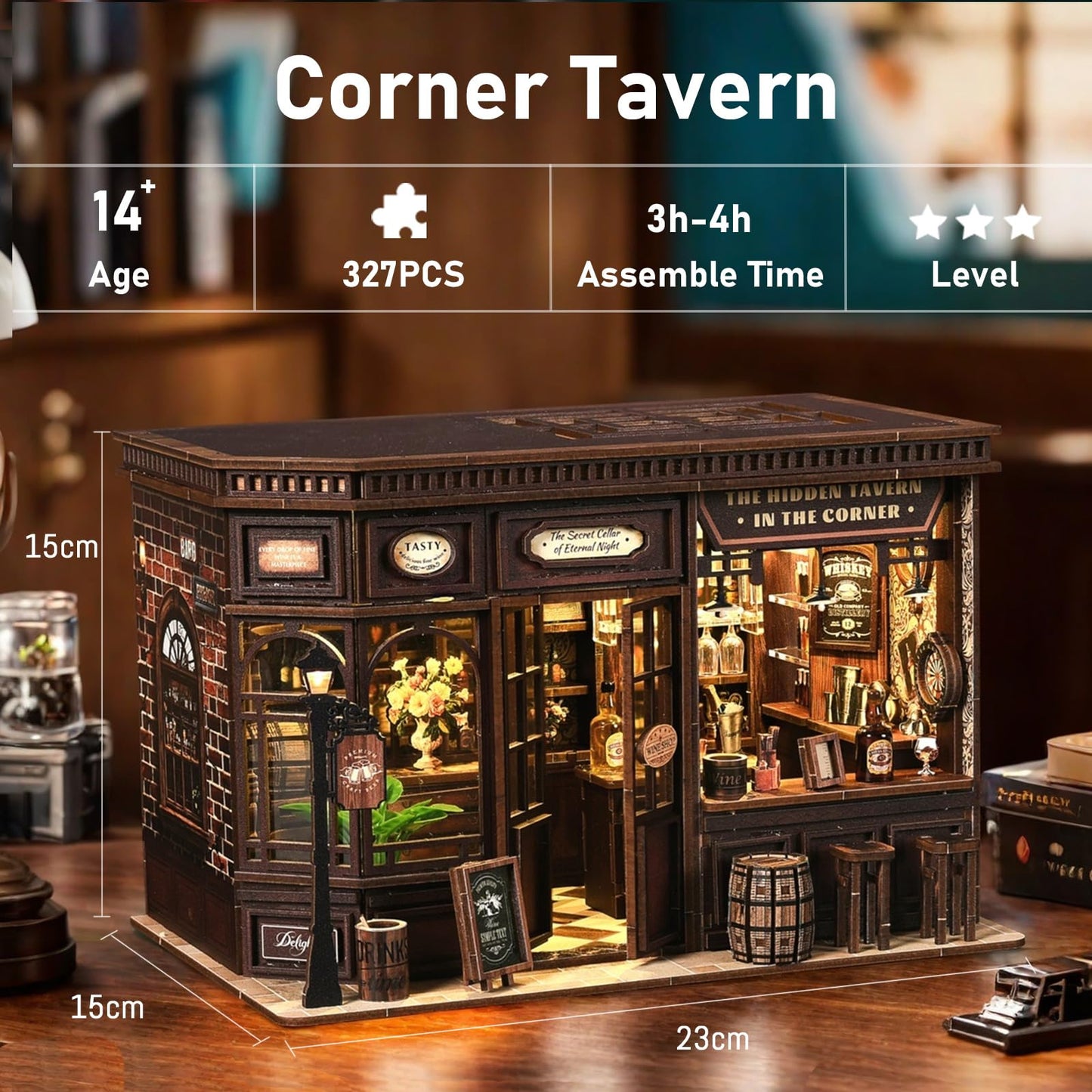 DIY Miniature House Kit, 3D Wooden Puzzle for Adults, Retro Corner Tavern Bar Model with LED Light & Furniture, Creative Roombox Building Set for Home Decor & Hobby Gift (Corner Tavern)