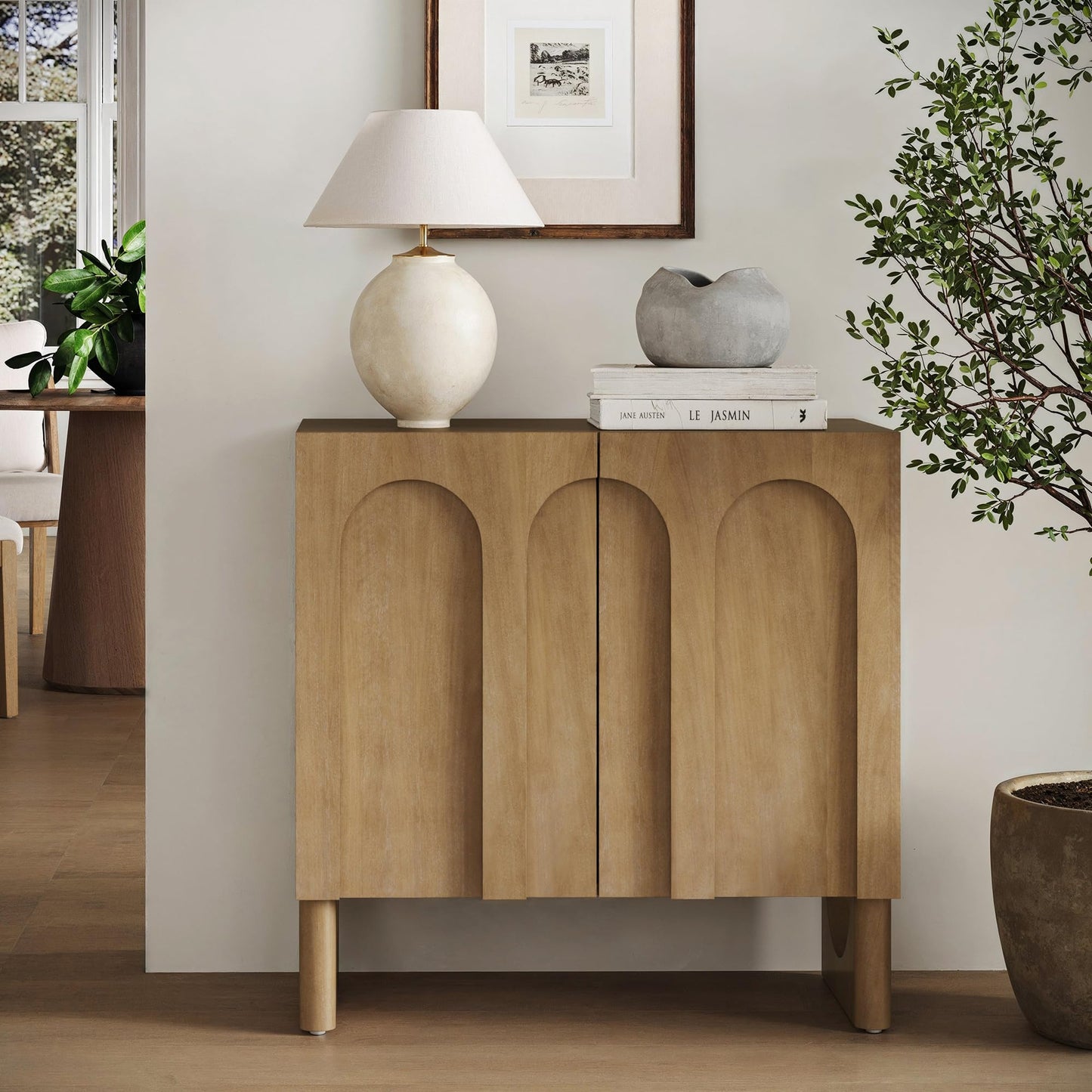 Nathan James Jett Mid Century Modern Wood Credenza Storage Cabinet, Modular Arched Door Cabinet with Solid Wood Legs, Light Brown