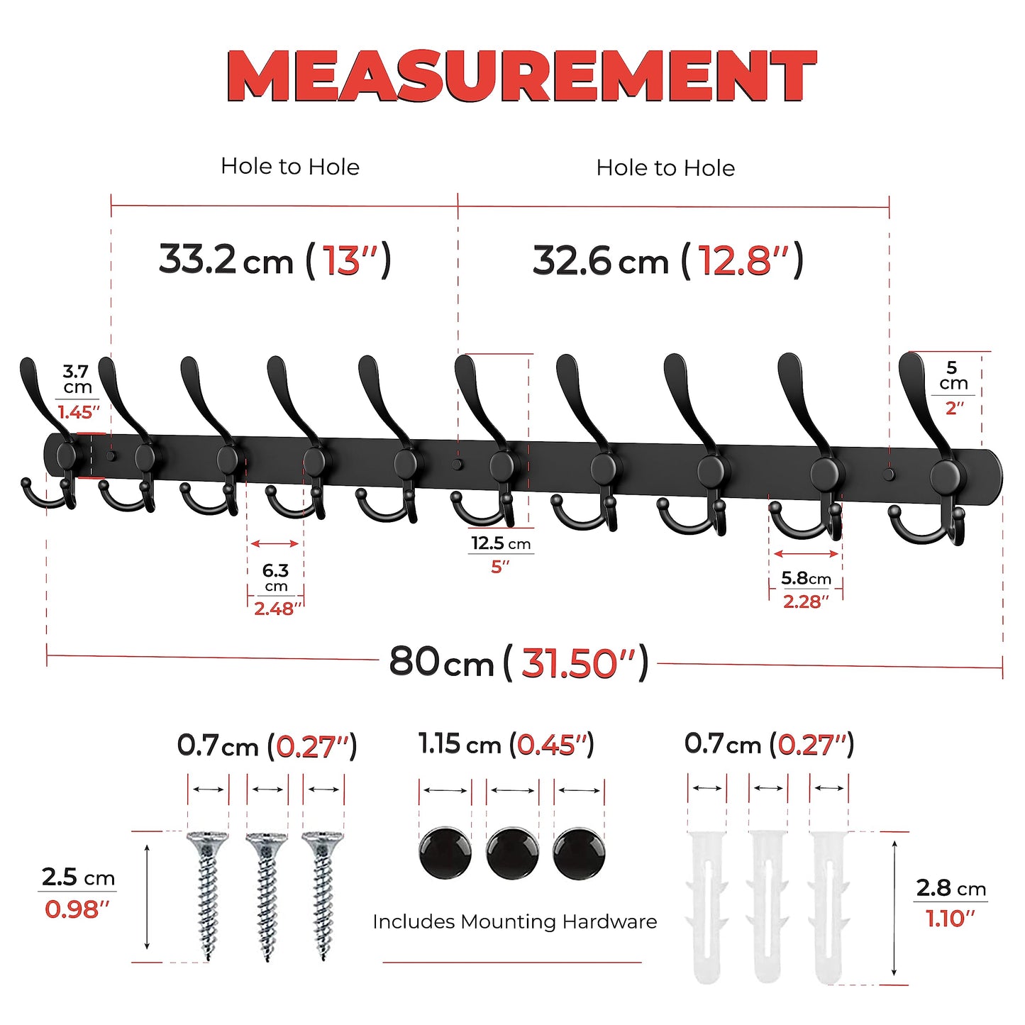 Coat Rack Wall Mount with 10 Tri Hooks, Stainless Steel 32 Inch – Black Matte Finish, Heavy Duty Wall Mounted Hook Rack for Coats, Hats, Towels, Scarfs, Robes, Bags, Entryway & Bathroom