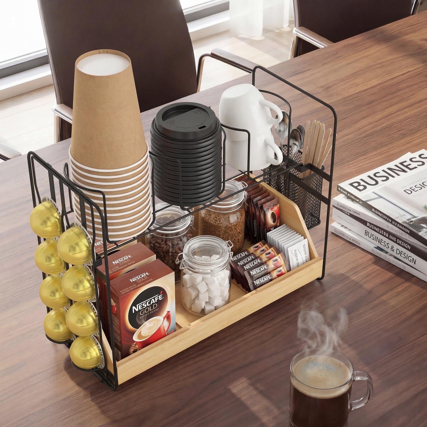CACHOLIV Coffee Station Organizer for Countertop - Bamboo Bar Organizer Rack for Nespresso Pod & K Cup - Coffee Pods Holder Storage Basket - Cup and Condiment Station for Kitchen Office Home (Black)