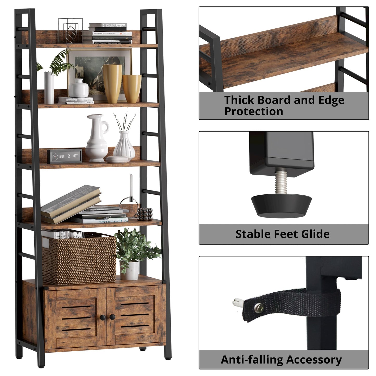 IRONCK Bookshelf with Louvered Doors, 4-Tier Ladder Shelf with Cabinet Industrial Accent Furniture for Bedroom Living Room Home Office, Rustic Brown