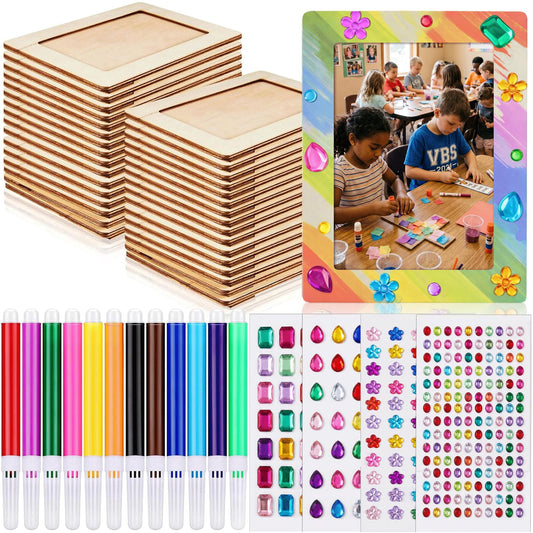 Zonon 32 Pcs Picture Frame Painting Craft Kit, Wooden Frames for 4x6 Photo with 12 Color Pens & 4 Diamond Sticker Sheets, VBS 2026 Summer School Crafts, DIY Home Decor
