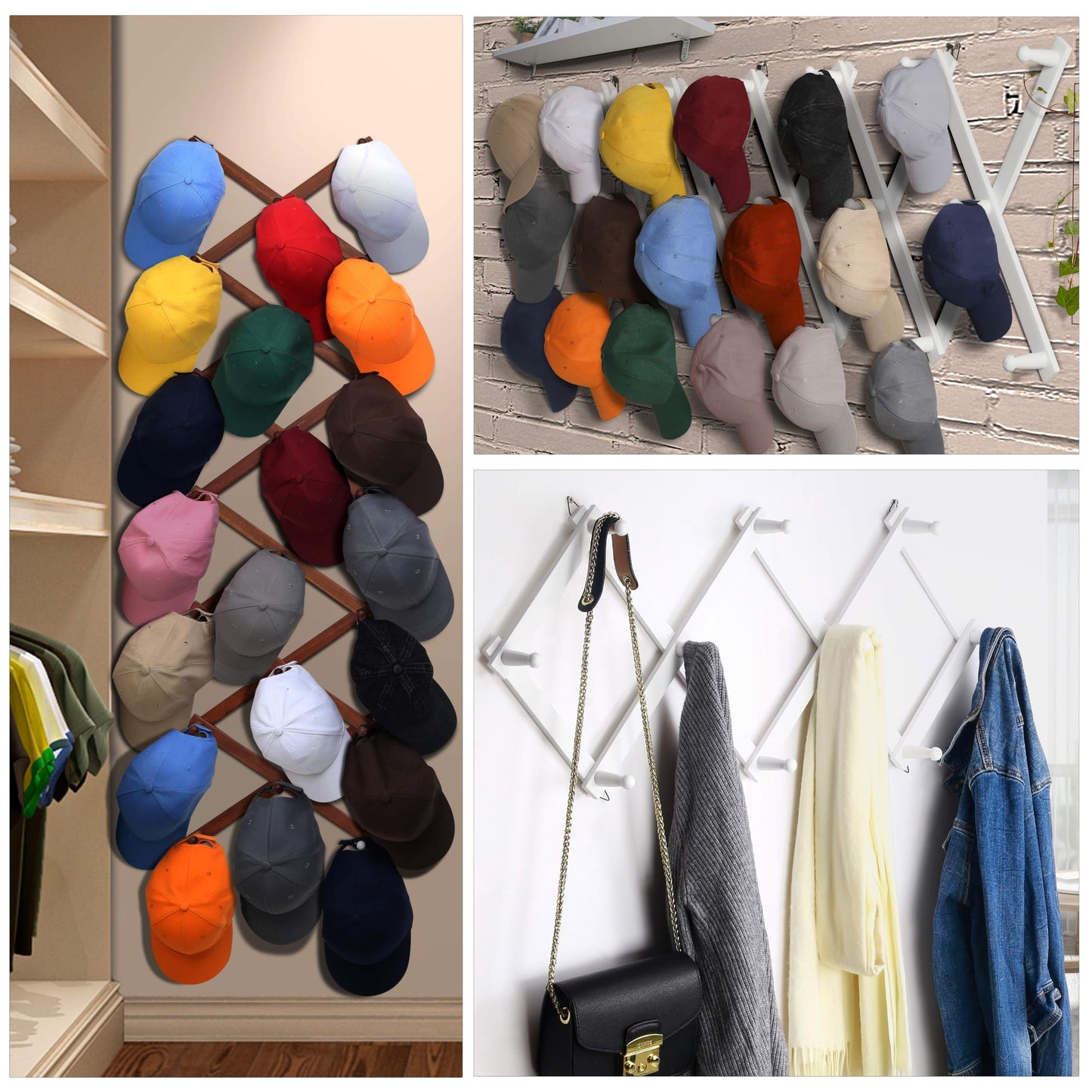 Dseap Accordian Wall Hanger: 16” High Wooden Wall Expandable Coat Rack, Hat Rack Holder, Accordion Hook for Baseball Caps, Coats, Mugs, 10 Peg Hooks, Brown