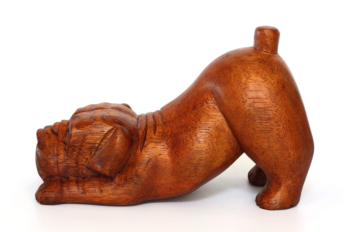 G6 Collection Wooden Hand Carved Crouching English Bulldog Statue Figurine Sculpture Art Decorative Rustic Home Decor Accent Handmade Handcrafted Wood Decoration Gift Dog Artwork,