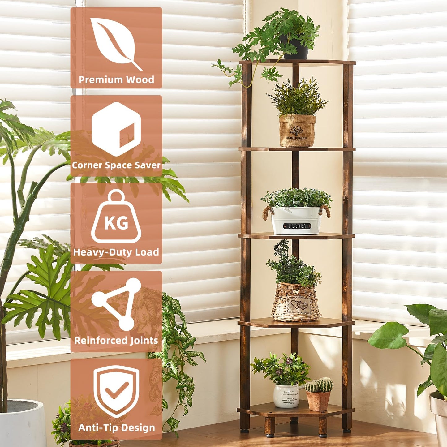 YUFAM 5-Tier Corner Shelf with Sturdy 5-Leg Base, Wooden Corner Bookshelf for Small Spaces, Corner Standing Shelf for Living Room, Bedroom, Office, Brown